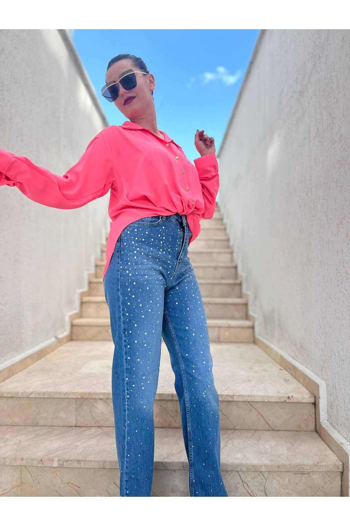 Butik Lavvbutik Taşlı Wideleg Gri Palazzo Pantalon