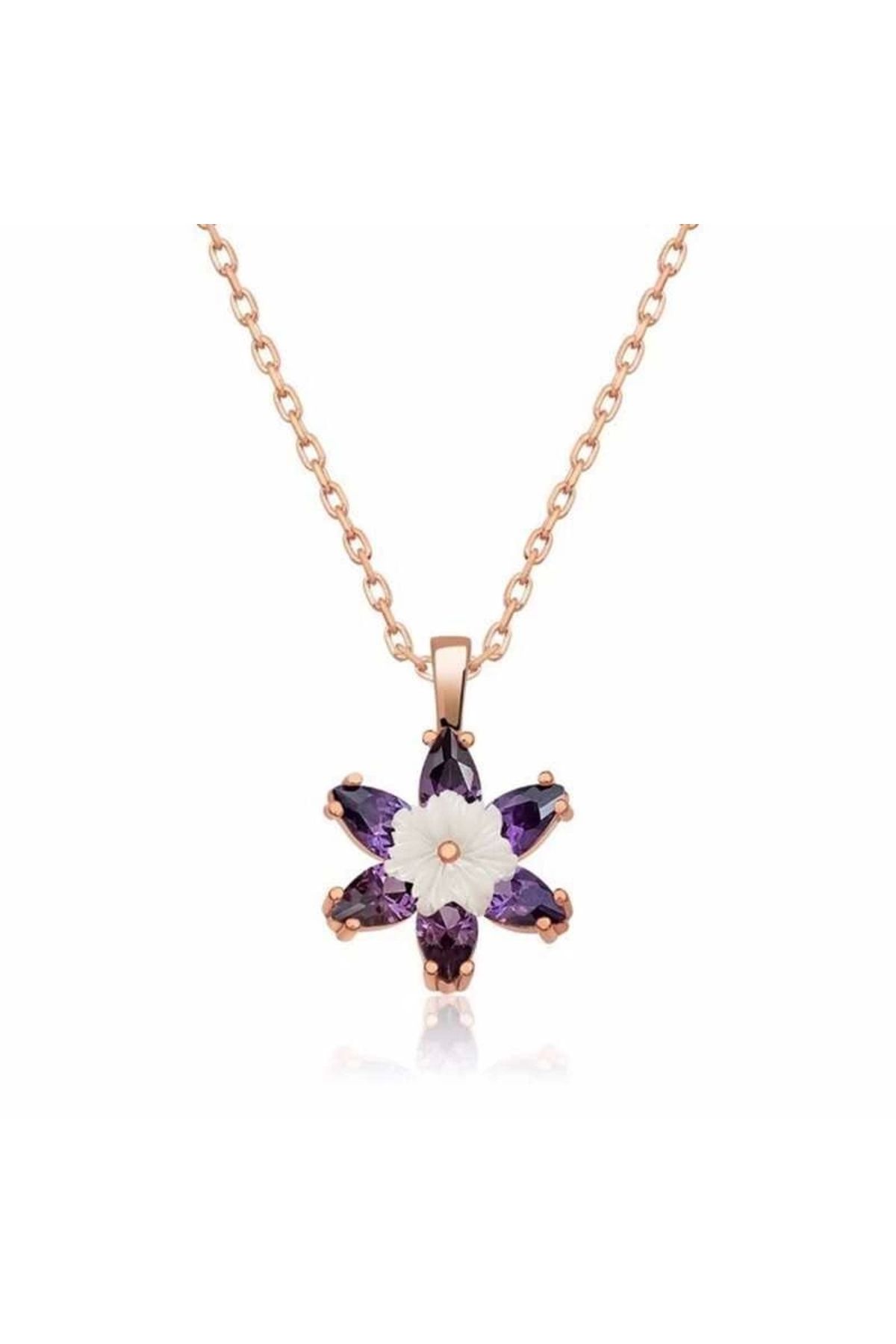 luz&pos Gümüş Rose Mor Lotus Çiçeği Kolye