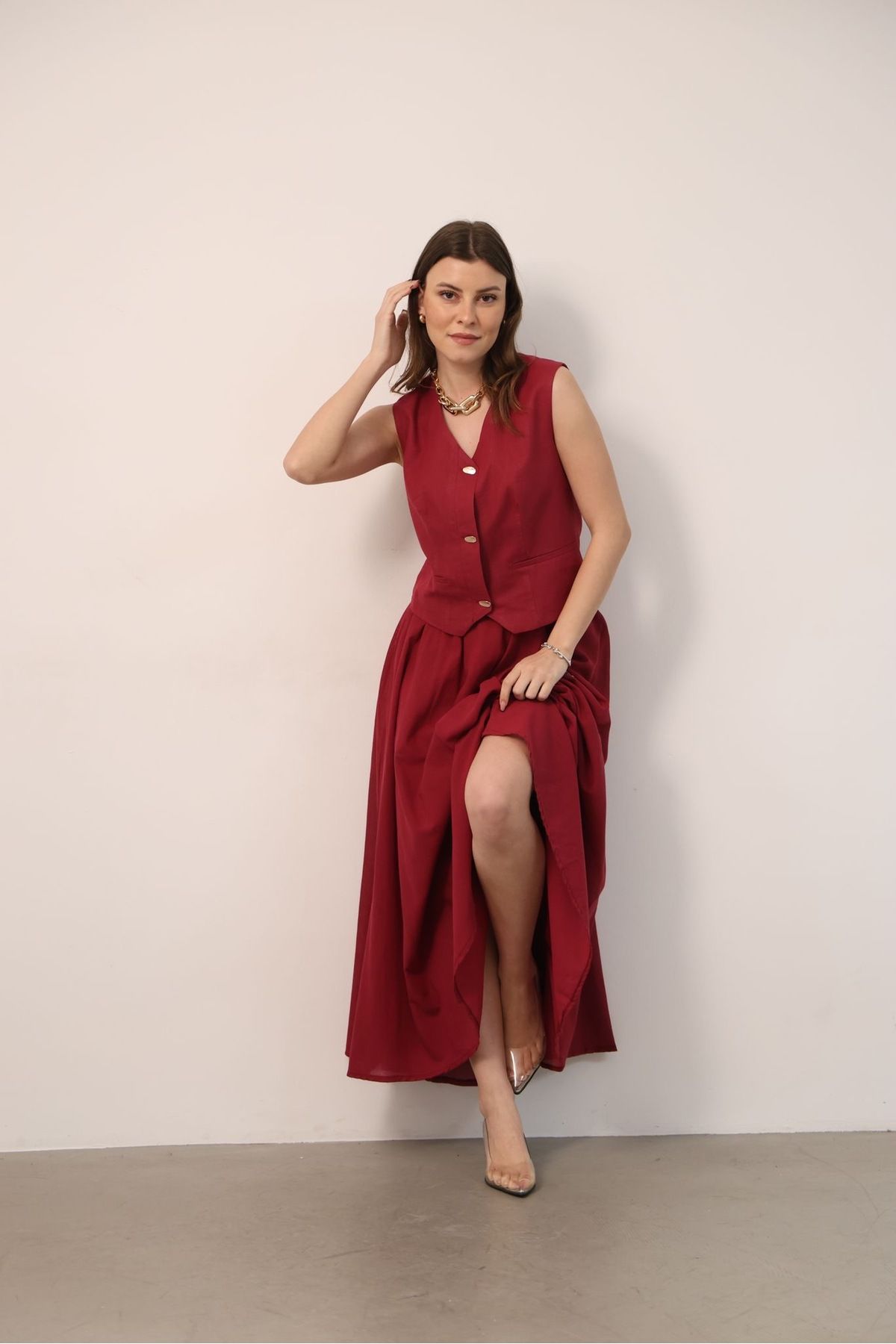 Ekim Store Keten Düğmeli Kruvaze Ikili Blazer Yelekli Etekli Takım