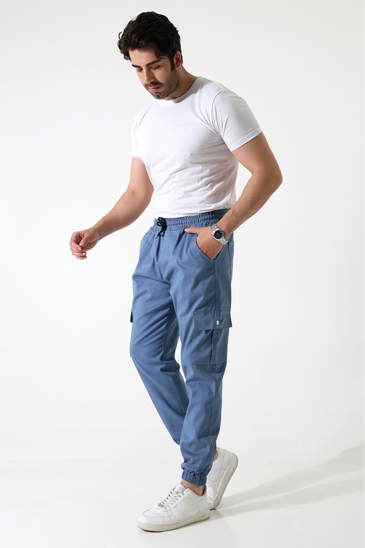 MODA AÇIK MAVİ RENK KARGO CEP GABARDİN KUMAŞ PANTOLON