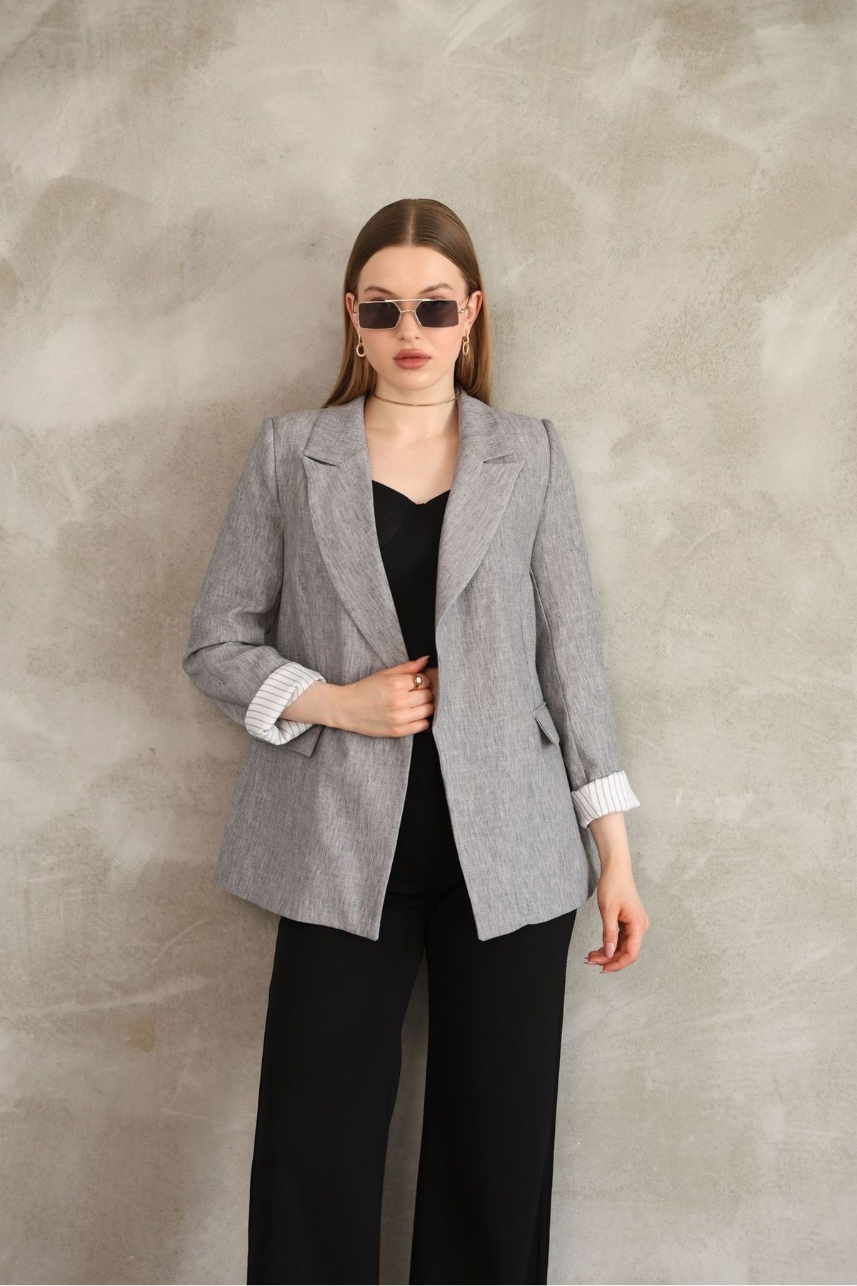 Ekim Store Keten İç Astarlı Çizgili Blazer Ceket