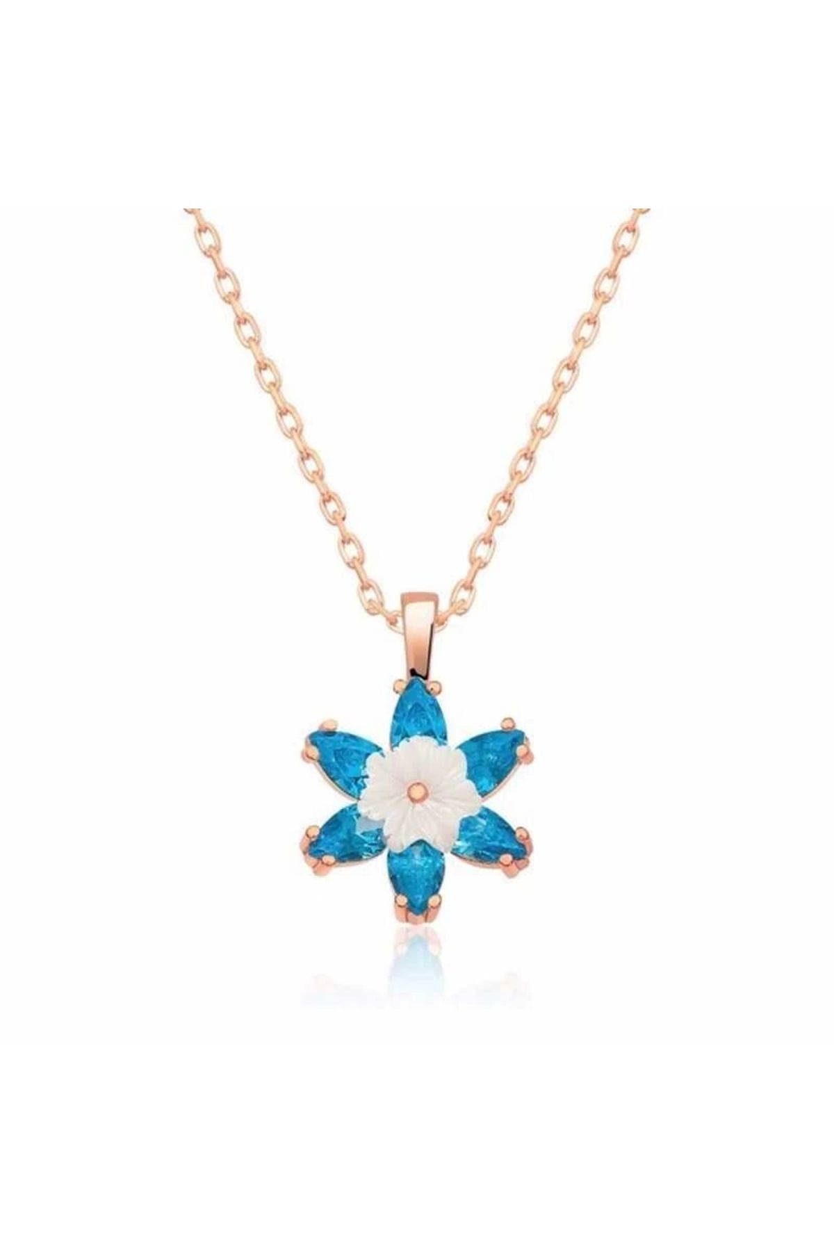 luz&pos Gümüş Rose Mavi Lotus Çiçeği Kolye