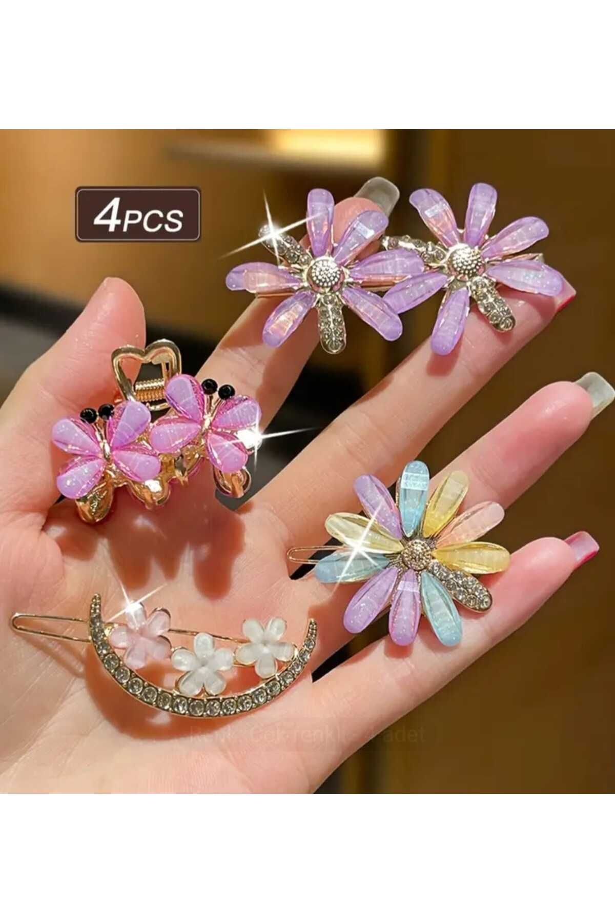 cihembutik Renkli çiçekli taşlı toka seti - 4 parça