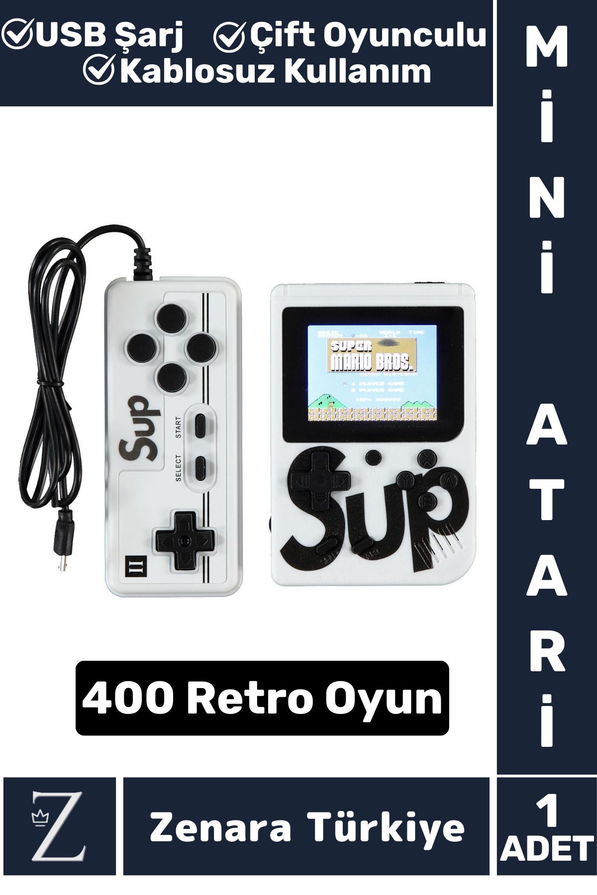 Zenara Taşınabilir USB Şarjlı Çift Oyunculu Mario Street Fighter Nostalji Retro 400 Oyunlu Mini Atari