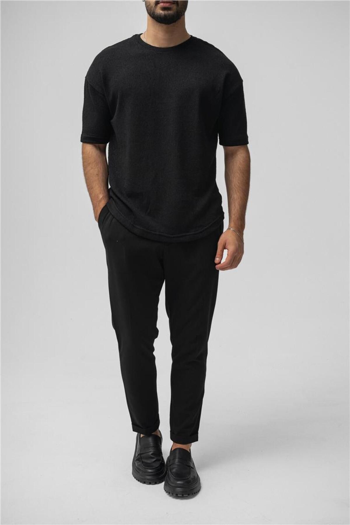 OUTFİT MAN Erkek Örgülü Oversize T-Shirt Siyah