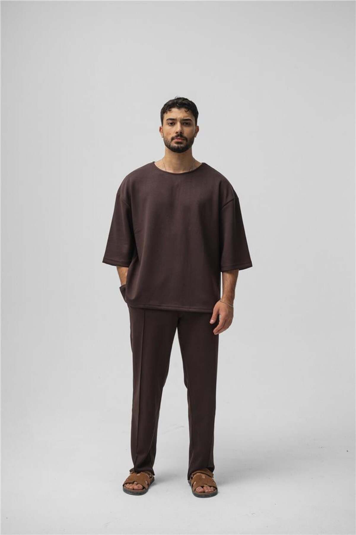 OUTFİT MAN Erkek Basic Fakir Kol Oversize T-Shirt Kahve
