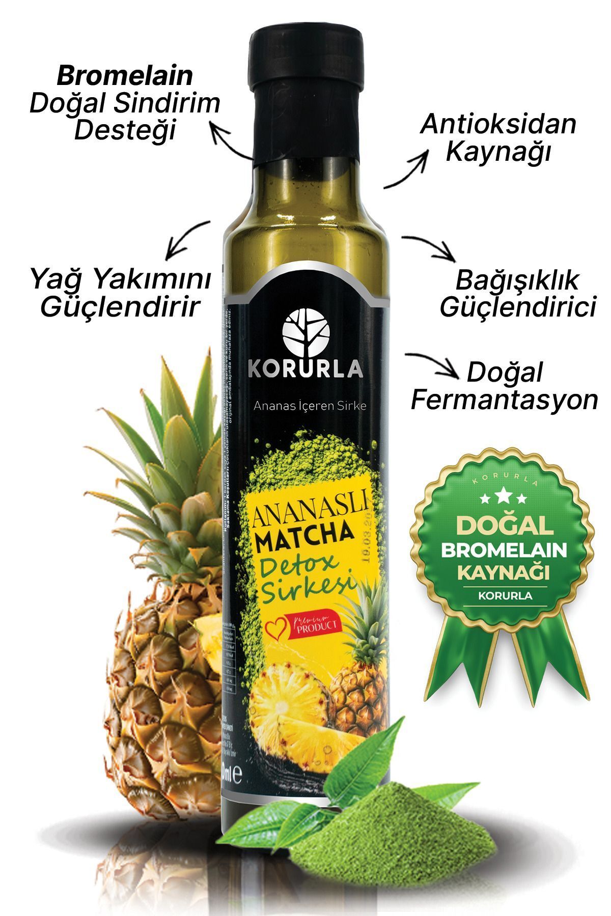 Korurla Ananaslı MATCHA detoks sirkesi BROMELAİN içerir