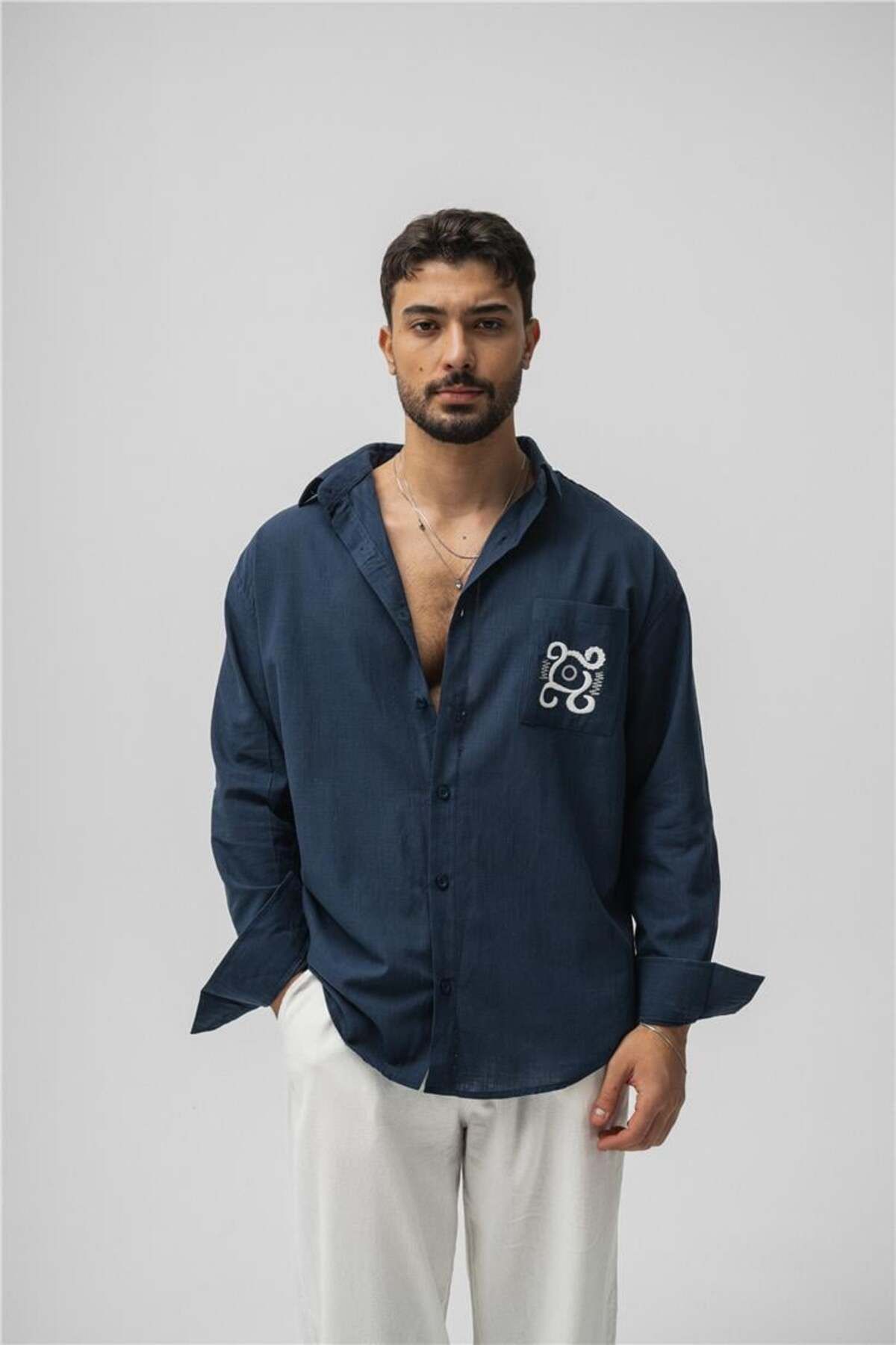 OUTFİT MAN Erkek Keten Cep Detay Oversize Gömlek Lacivert