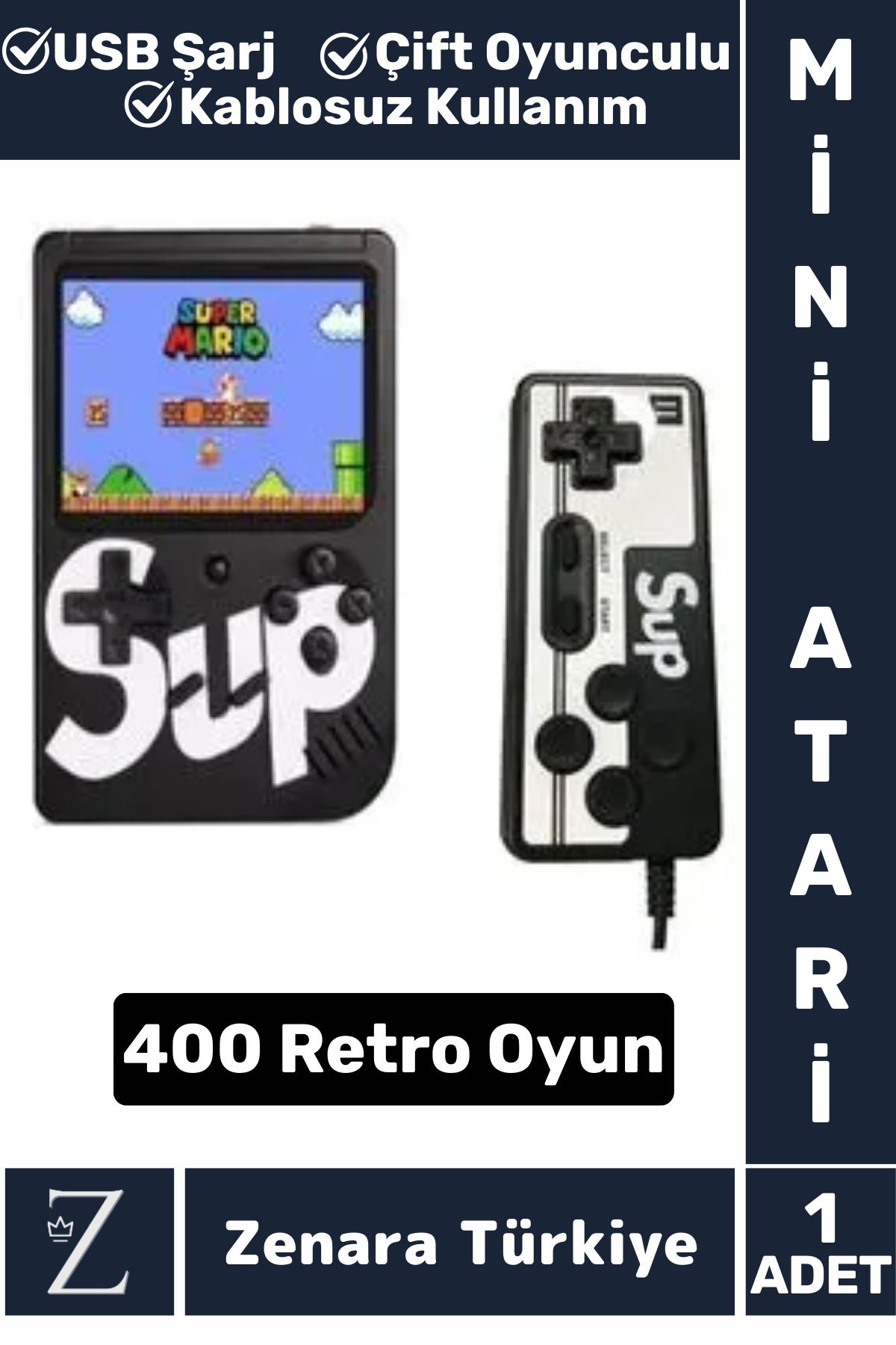 Zenara Taşınabilir USB Şarjlı Çift Oyunculu Mario Street Fighter Nostalji Retro 400 Oyunlu Mini El Atarisi
