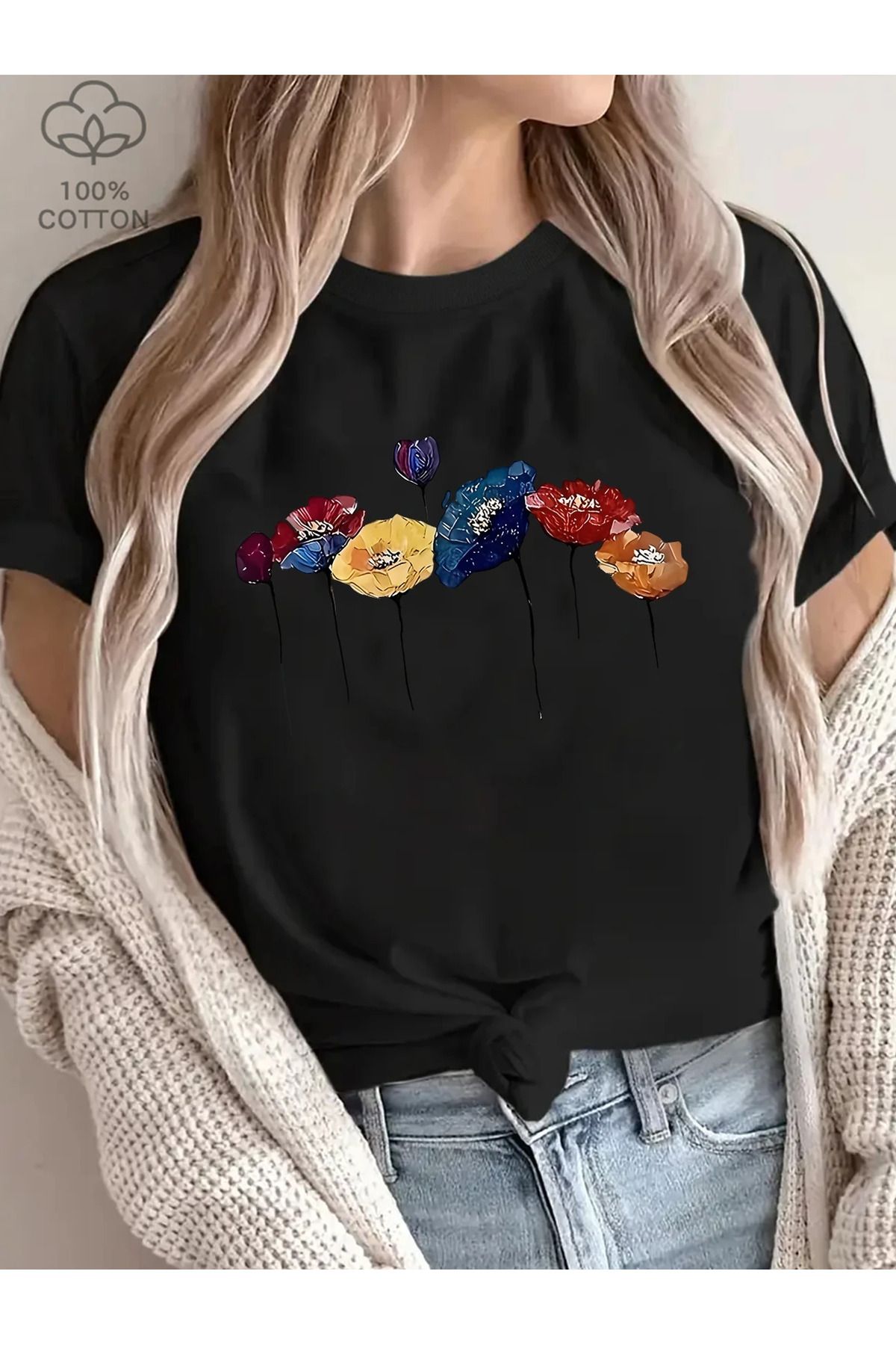 Advantage Kadınlar İçin Trend Yuvarlak Yaka Tişört - Canlı Motif Desenli %100 Pamuk Premium Tshirt