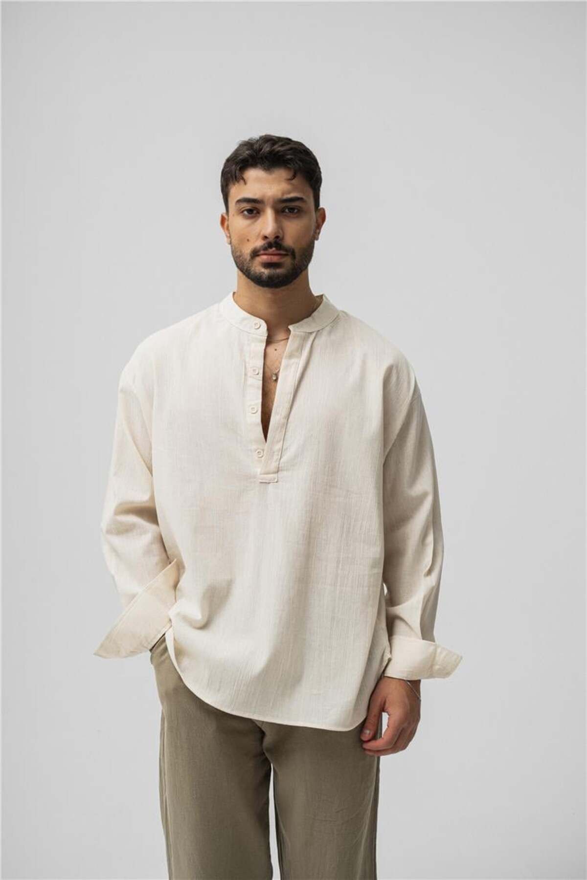 OUTFİT MAN Erkek Oversize Keten T-Shirt Krem