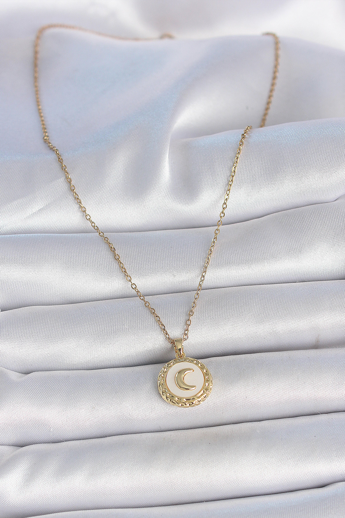 Skygo-316L Steel Gold Color Chain White Enamel Crescent Embroidered Medallion Model Women's Necklace - Tj-Bko10035 2