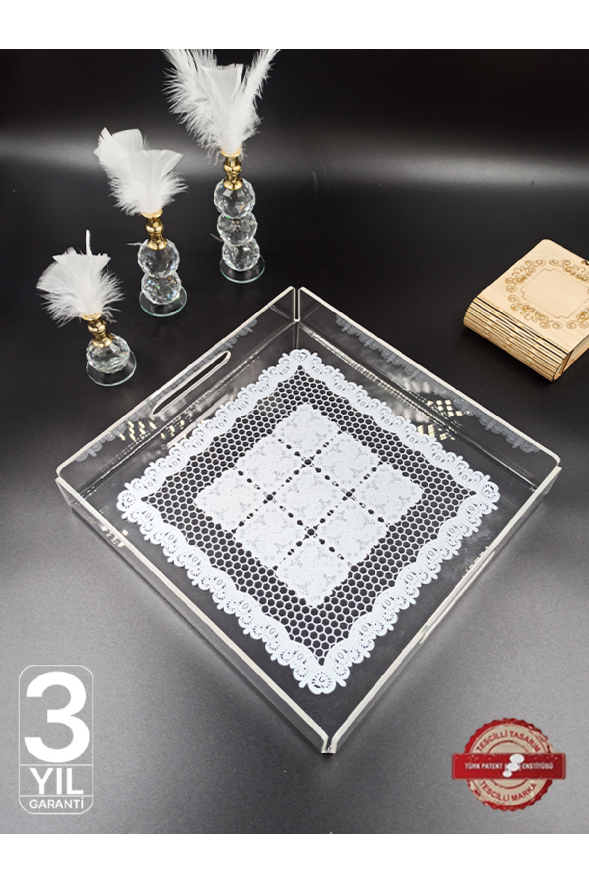 Nisba Ticaret Şeffaf Dantel Desenli Lüks Pleksi Tepsi | Kırılmaz, Şık Sunumluk | Söz Nişan Çeyiz Tepsisi |