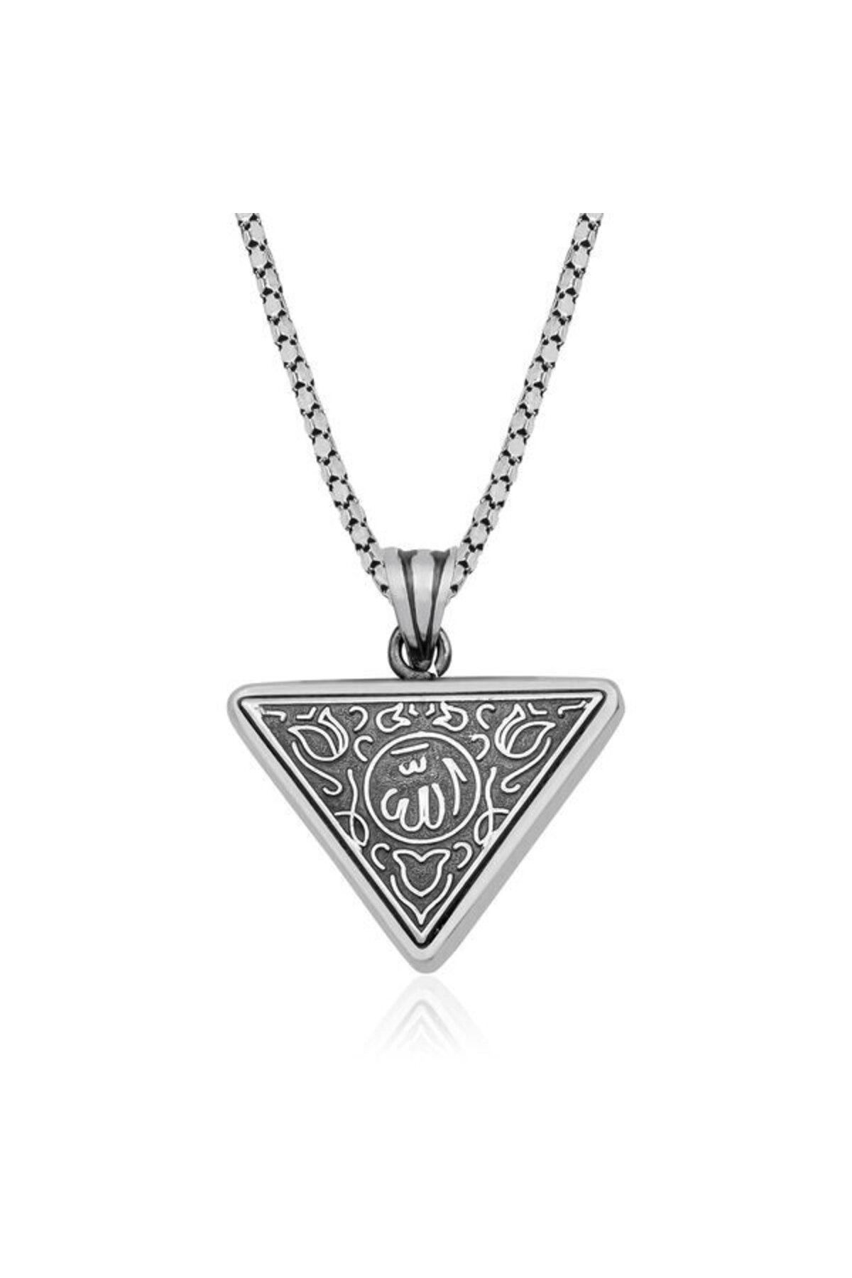 shop Allah Yazılı Üçgen Çevşen Dualı Erkek 925 Ayar Gümüş Kolye