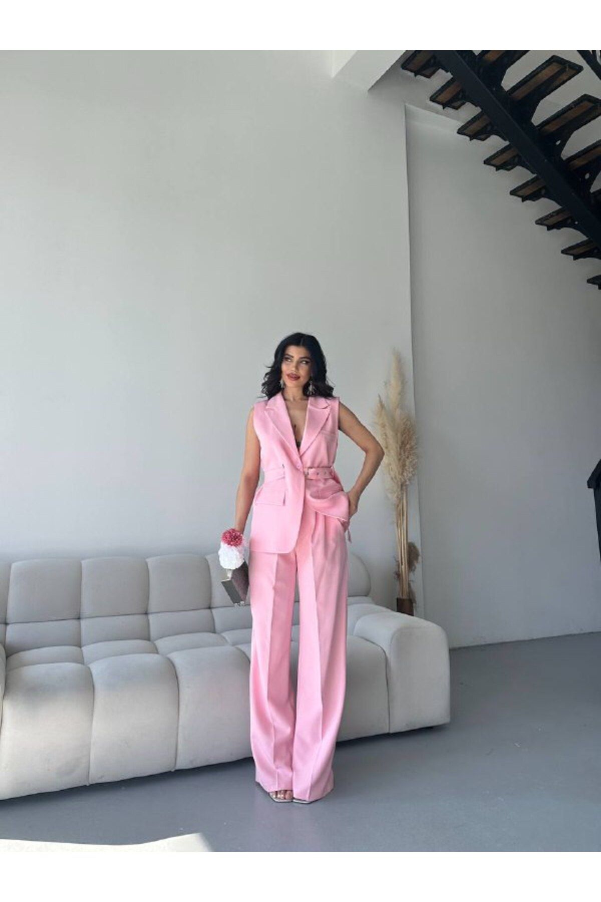 Castivo Fashion Kadın Kemerli Kolsuz Ceket Takım -