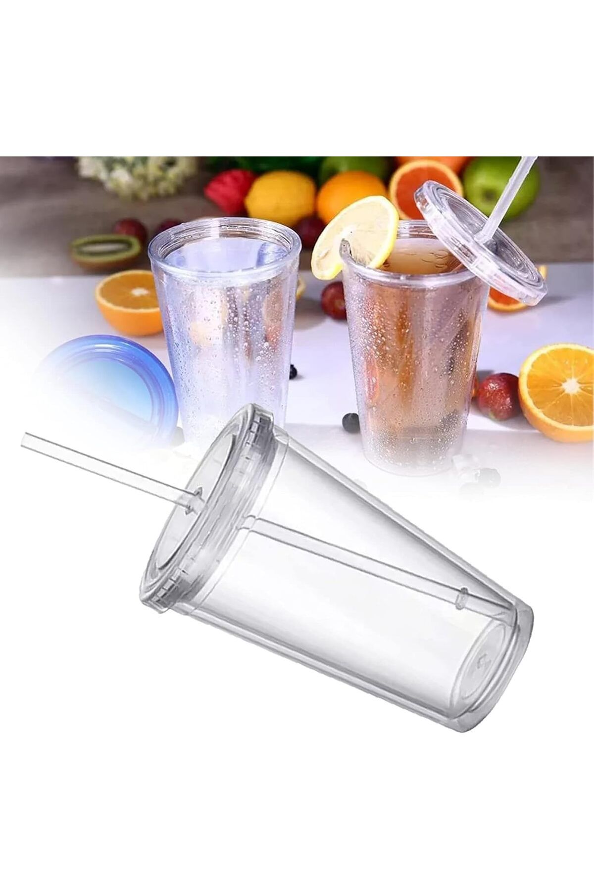Generic-Plastic Mug Reusable, Double Wall Transparent Drinking Cup With Straw, Reusable Mug Suitable For Fr 6