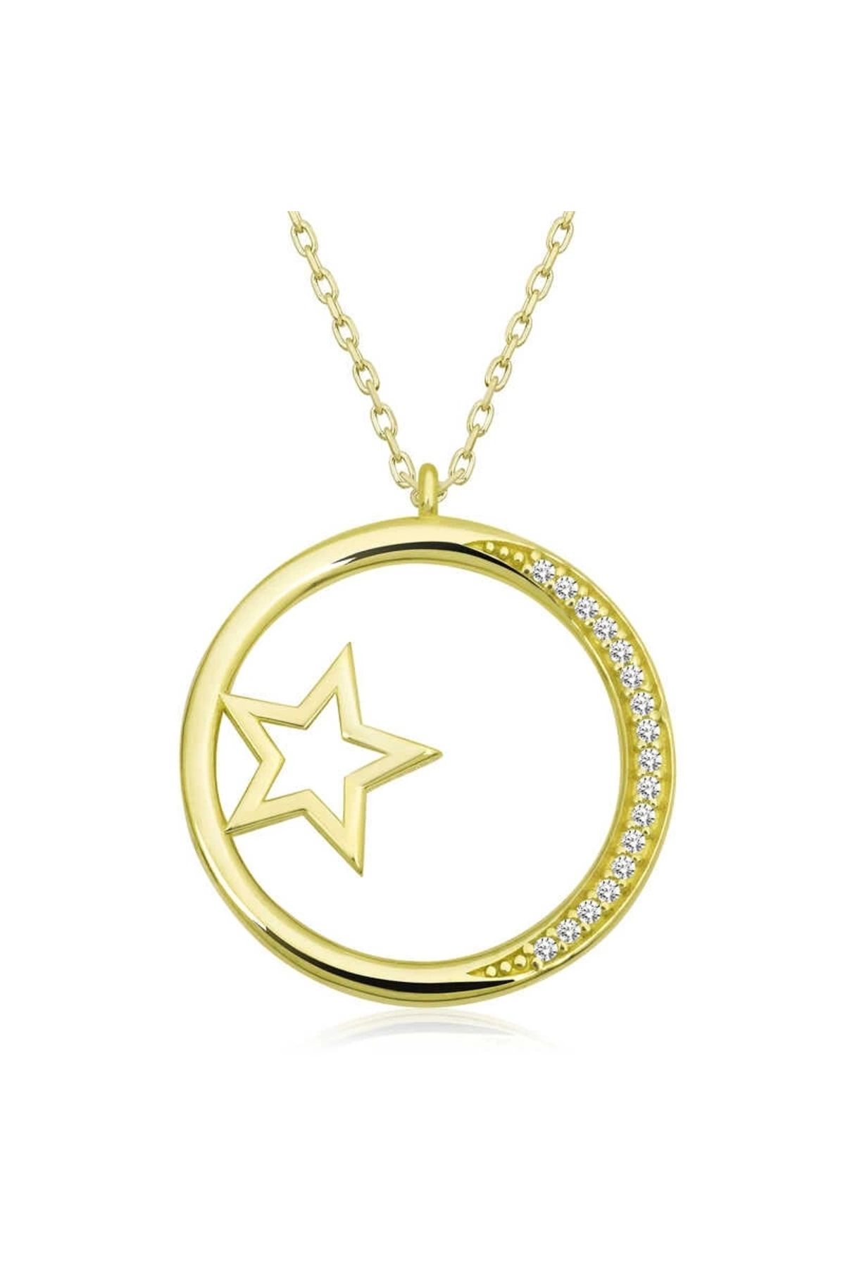 luz&pos Gümüş Gold Yıldız Detaylı Halka Kadın Kolye