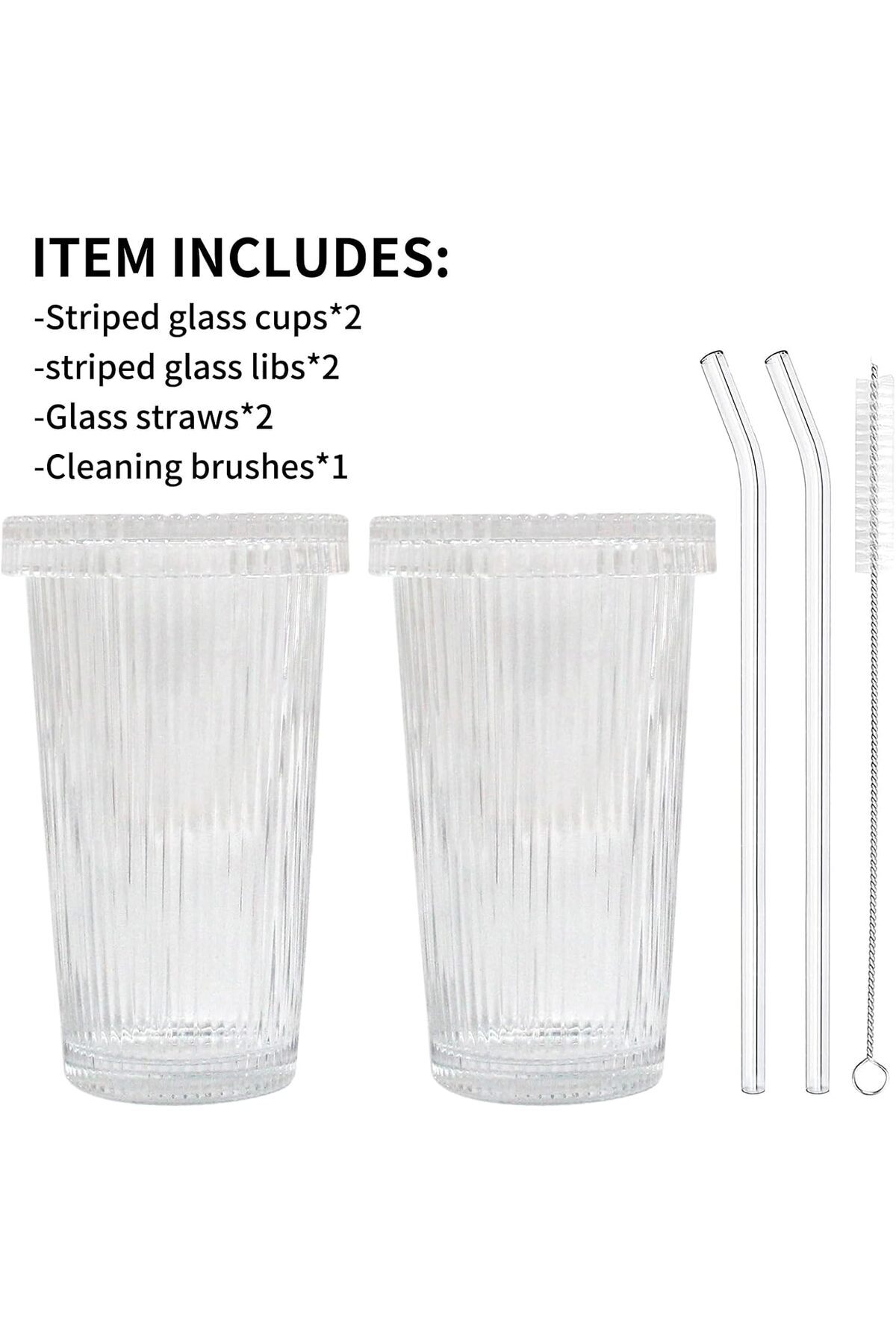 Generic-Sagreeny Ribbed Glass Cups Set - 2 Pack With Matching Lids and Straws, Transparent Stripe Tumbler f 3