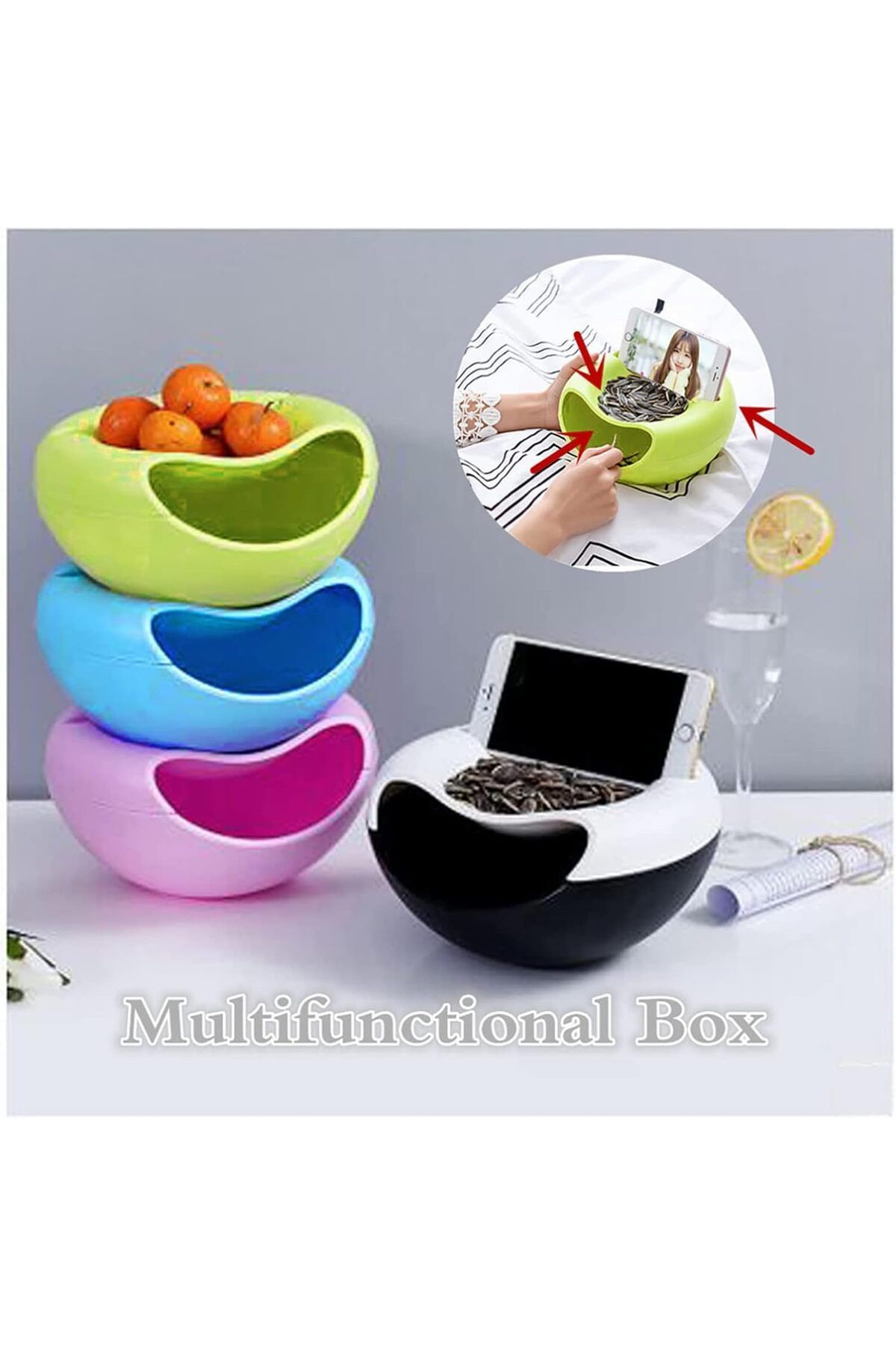 Generic-Lazy Snack Bowl Plastic Double-Layer Snack Storage Box Bowl Fruit Bowl and Mobile Phone Bracket Cha 7