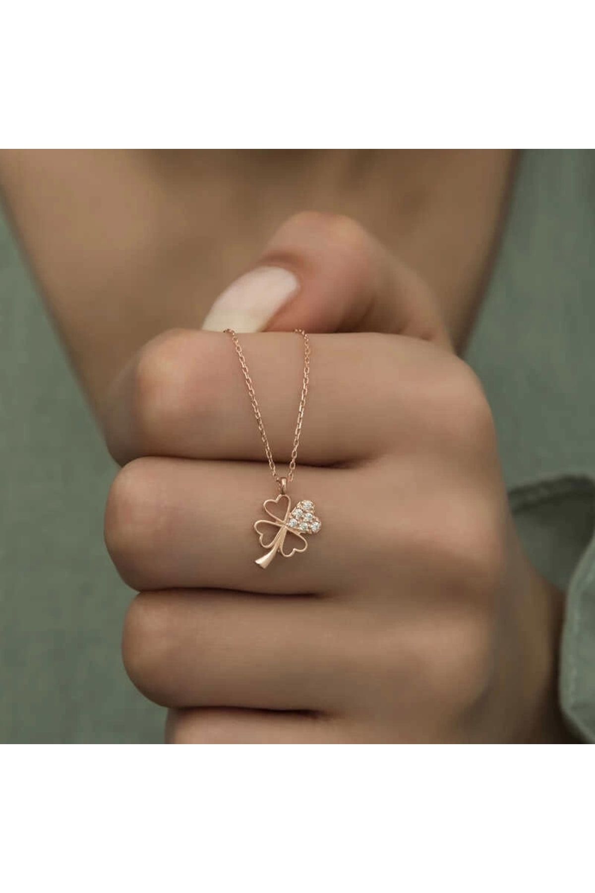 luz&pos Gümüş Rose Kalpli Dört Yapraklı Yonca Kadın Kolye