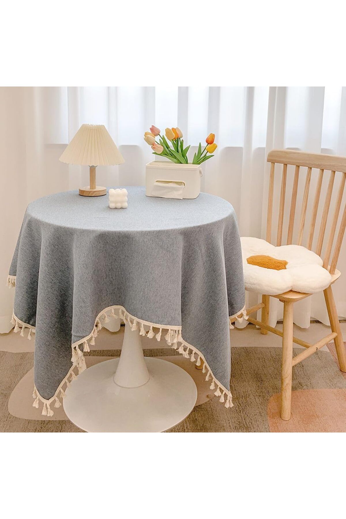 Generic-Tazweeq Round Linen Tablecloth, Rustic Durable Dustproof Tassel Table Cover, Suitable for Kitchen, 3
