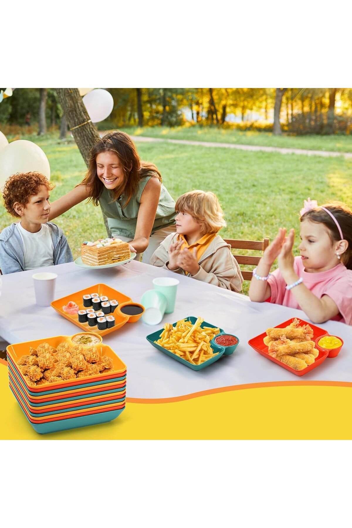 Generic-Tazweeq Chip Dip Serving Platter Set, 12pcs Plastic Dumpling Plates with Sauce Compartment for Appe 7