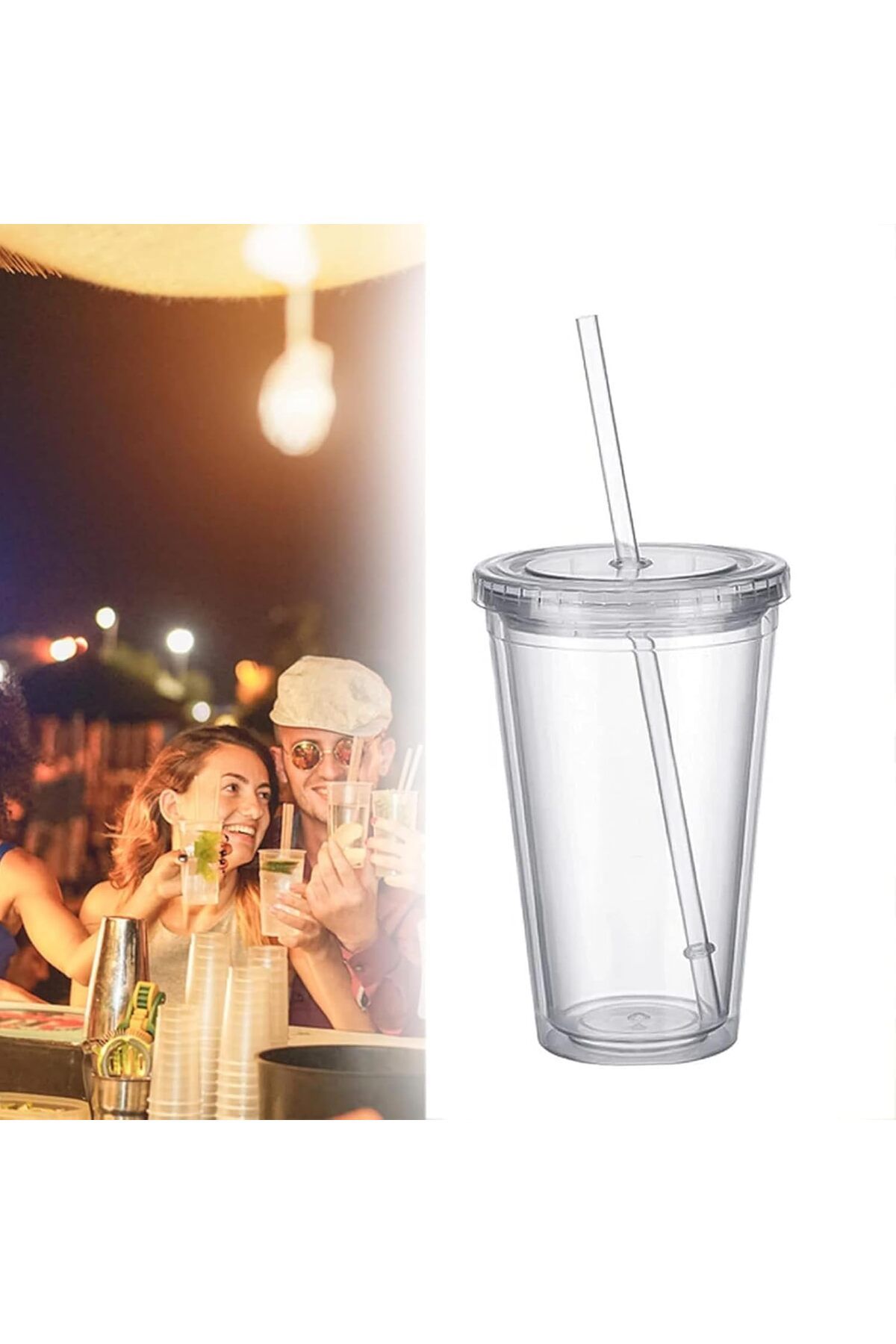 Generic-Plastic Mug Reusable, Double Wall Transparent Drinking Cup With Straw, Reusable Mug Suitable For Fr 7