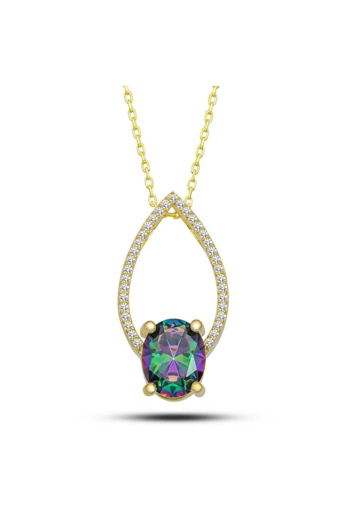 luz&pos Gümüş Gold Oval Mistik Topaz Taşlı Damla Kadın Kolye
