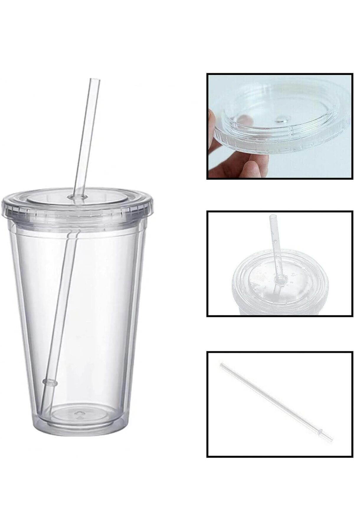 Generic-Plastic Mug Reusable, Double Wall Transparent Drinking Cup With Straw, Reusable Mug Suitable For Fr 3