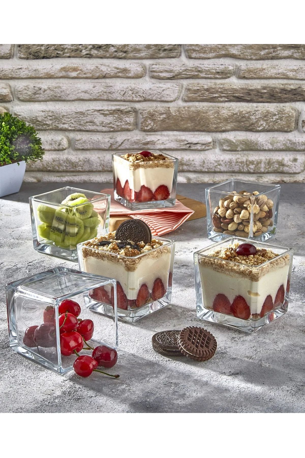 Giza Glass Giza 9x9cm 6’lı Magnolia Cam Kare Cup Tatlı Puding Çerez Ve Dondurma Kasesi