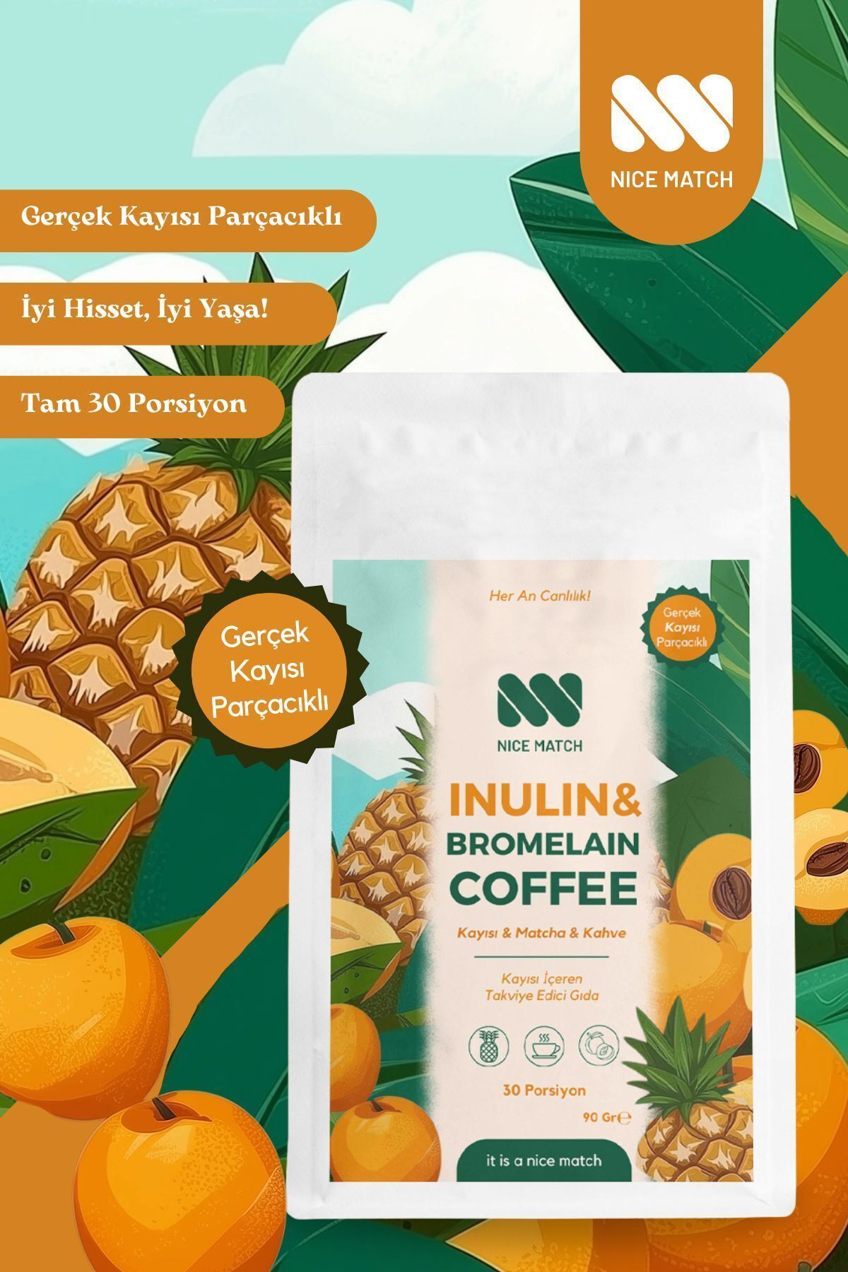 Nice Match İnulin & Bromelain Coffee - Bromelain & Matcha & Kayısılı Form Kahvesi, 90 gr