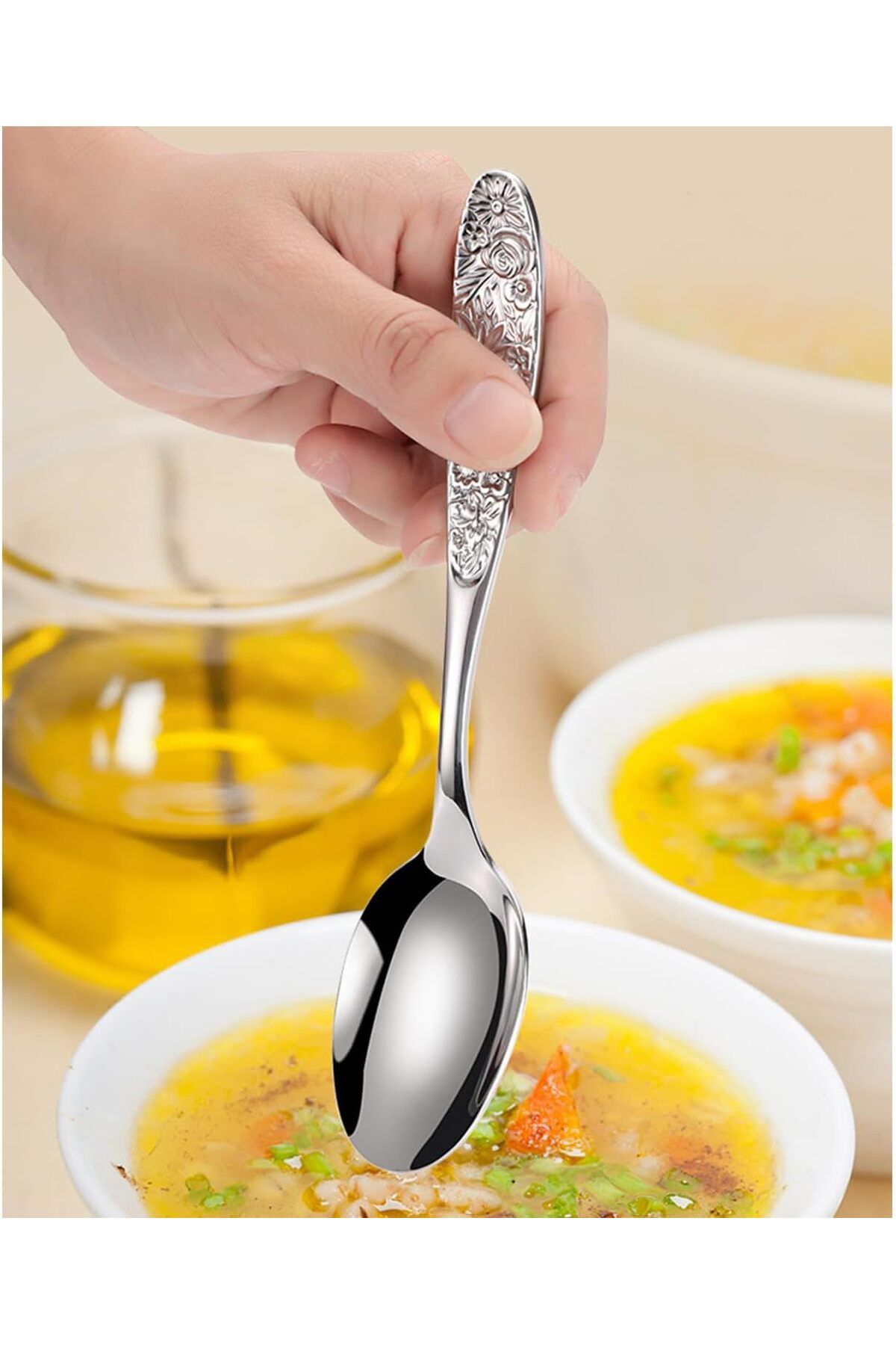 Generic-KASTWAVE Hammered Pattern Stainless Steel Bouillon Spoon,Embossed Pattern Flatware,Hammered Surface 3