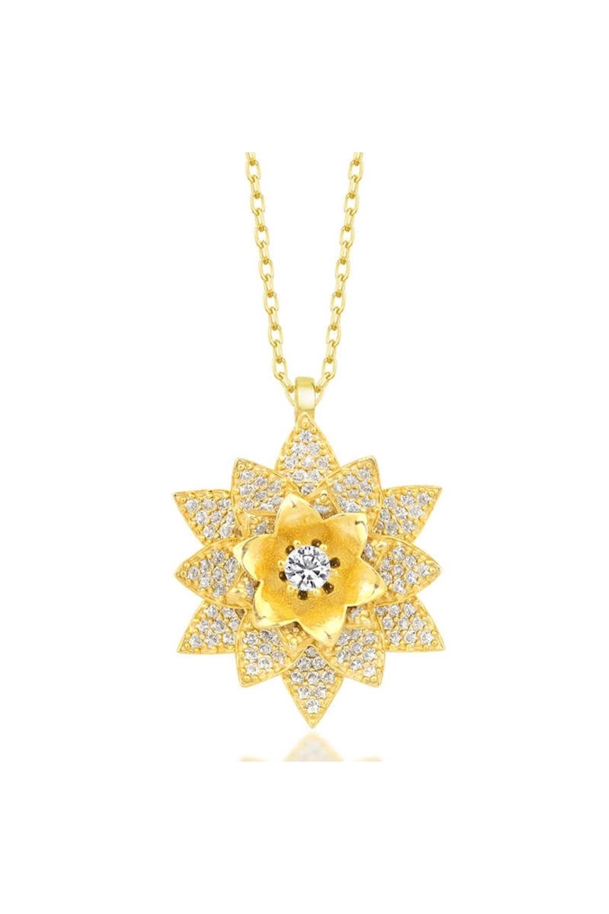luz&pos Gümüş Gold Beyaz Taşlı Lotus Çiçeği Kadın Kolye