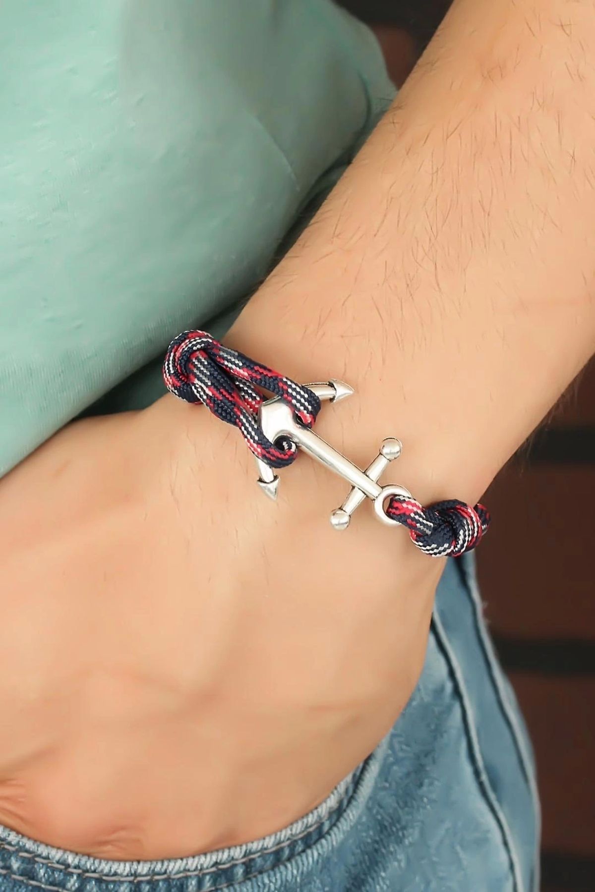 luz&pos Bordo Lacivert Renk Desenli Metal Çapalı Erkek Bileklik
