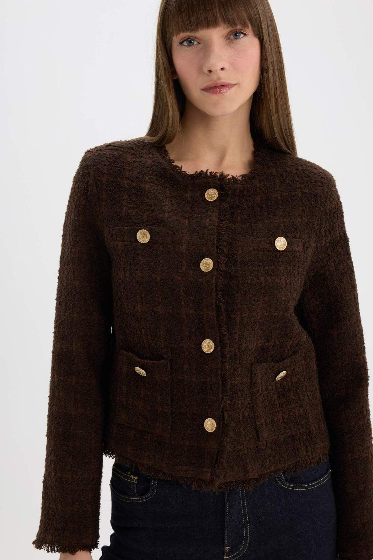 DeFacto Regular Fit Bisiklet Yaka Tweed Blazer Ceket D8460AX24AU