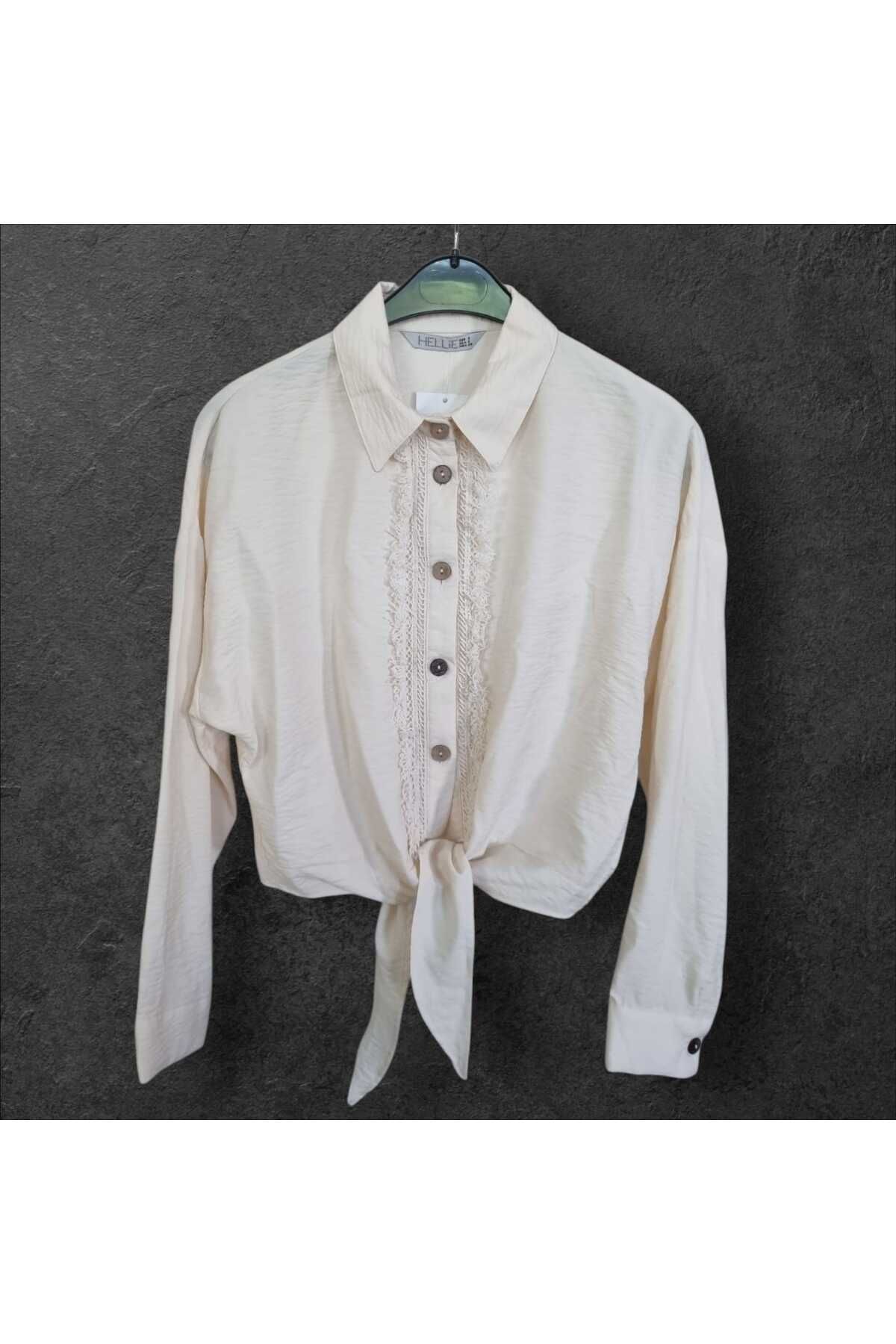Eda Başak Atelier Krem Önden Bağlamalı Keten Gömlek