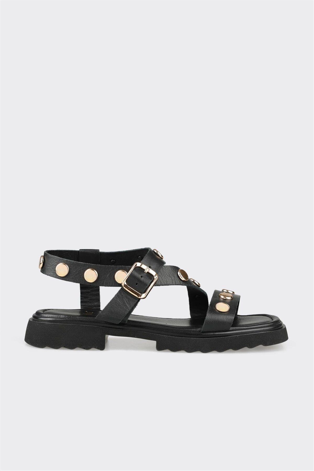 Elle Shoes Siyah Deri Kadın Düz Sandalet