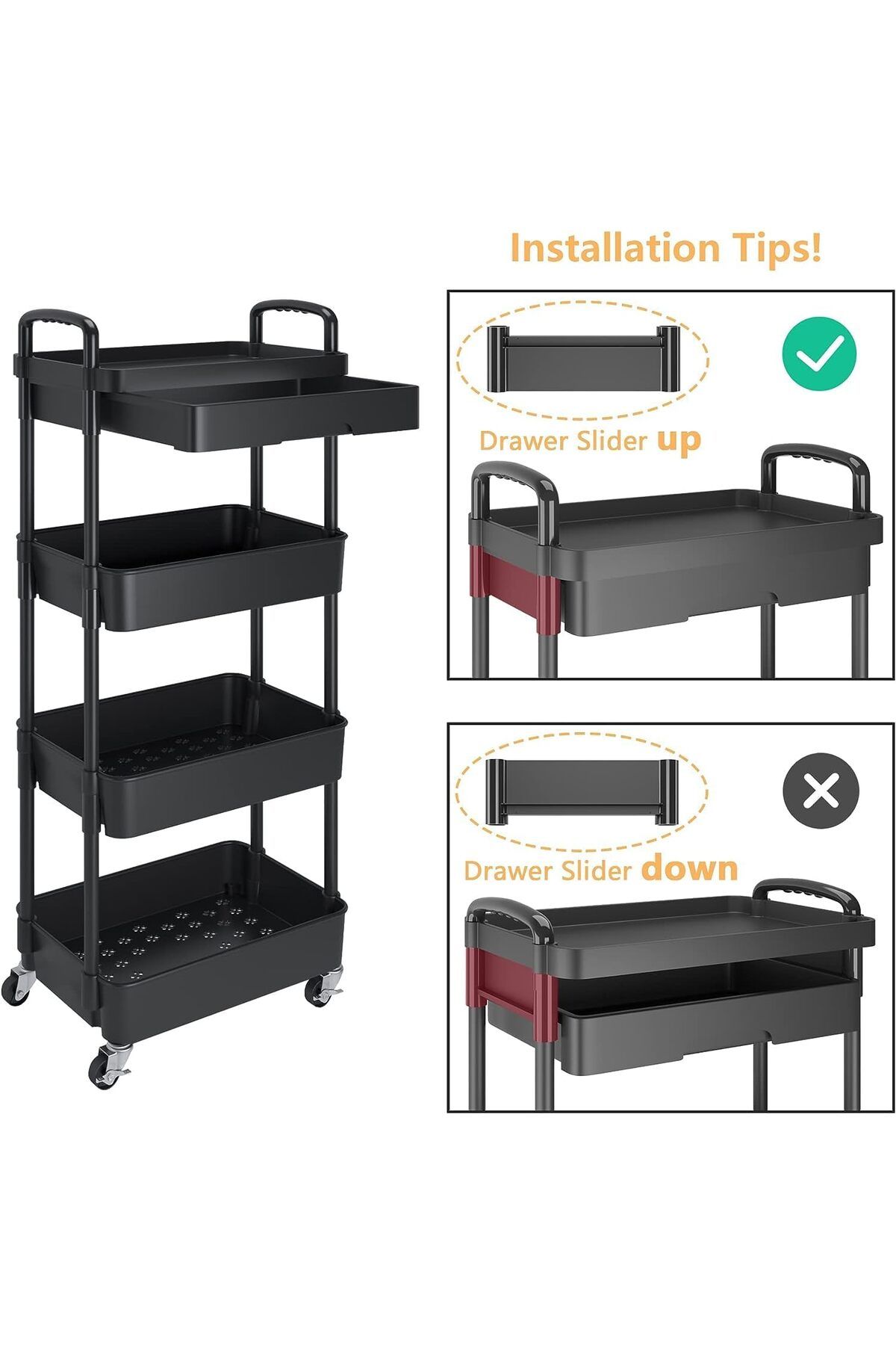 Generic-Durku 4-Tier Rolling Utility Cart with Drawer,Multifunctional Storage Organizer with Plastic Shelf 3