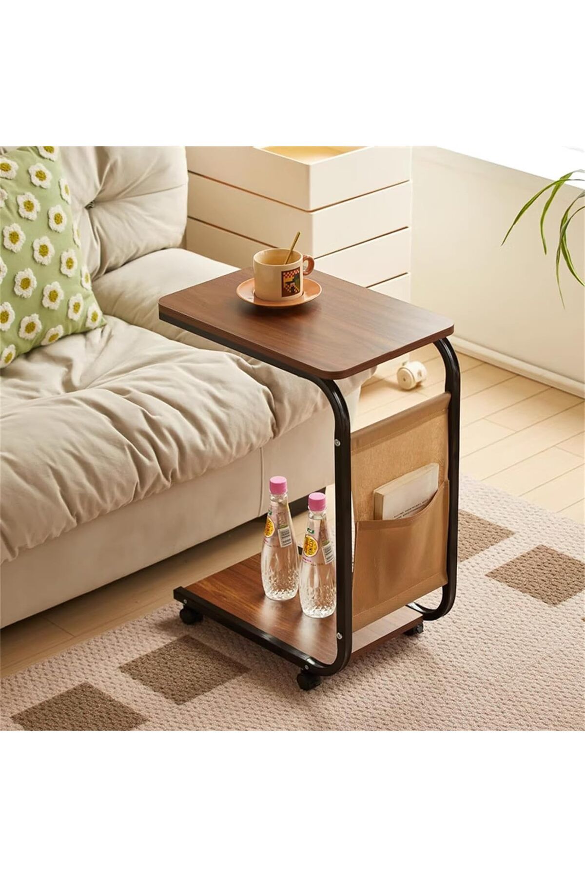 Generic-Wemart C Shaped End Table, Small Couch Side Table with Storage Bag, Sturdy Slide Under Sofa Table w 1