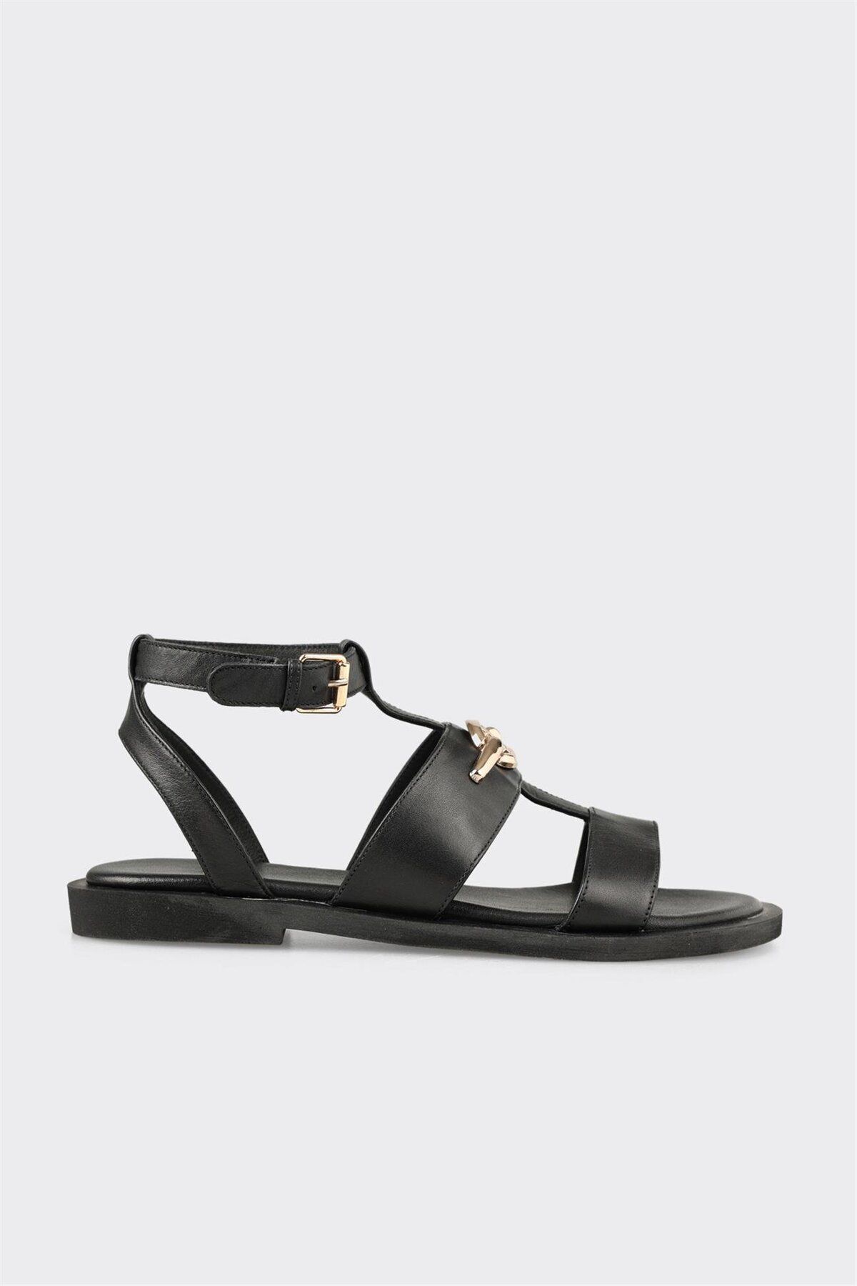 Elle Shoes Siyah Deri Kadın Sandalet