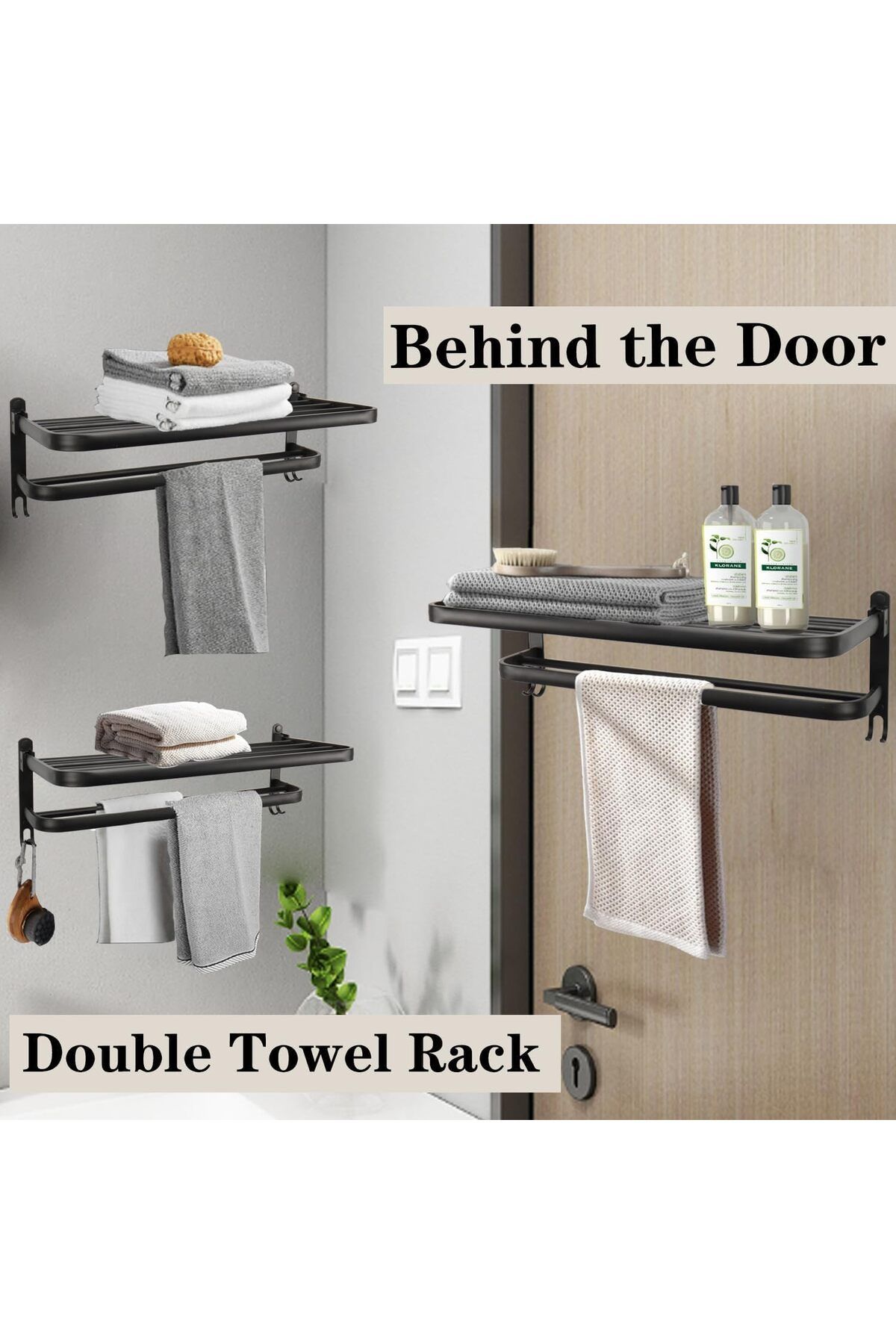 Generic-Excefore Towel Rack for Bathroom, 40 cm Wall-Mounted Towel Holder with Double Bar and Foldable Shel 5