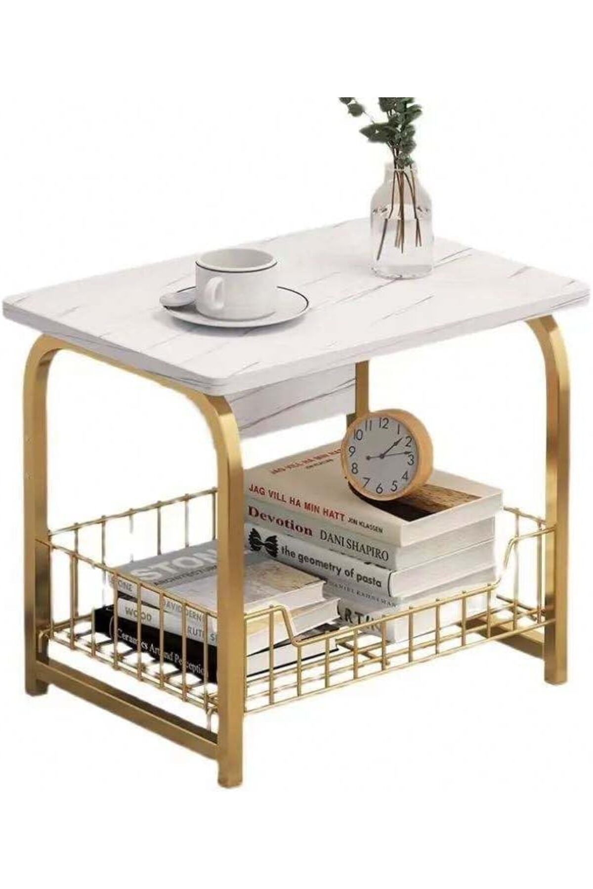 AGD-Luxury Faux Marble Coffee Table with Gold Frame Double Layer Multipurpose Side Table Snack Drink 3