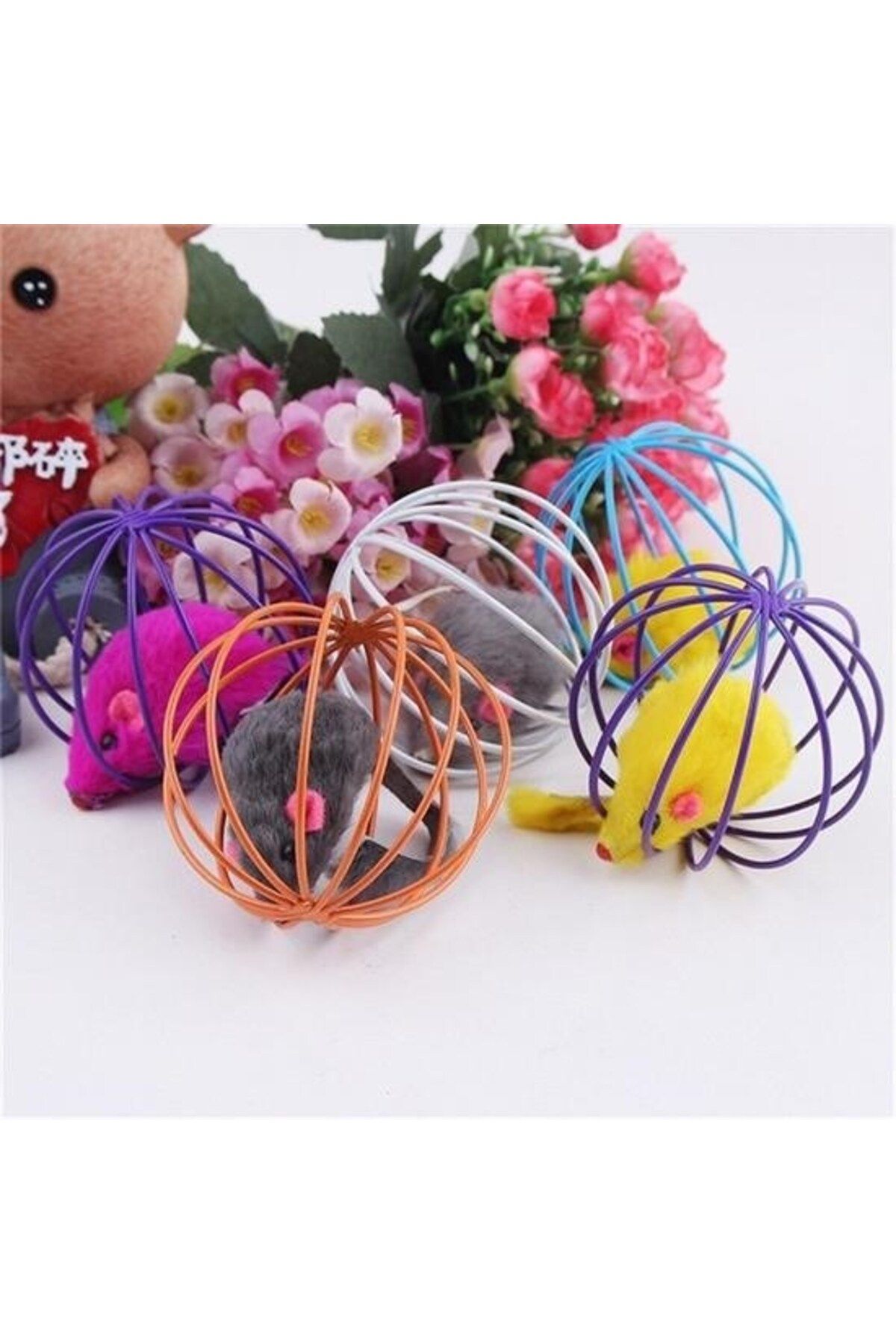 swilex Renkli l Kafesli Peluş Fareli Kedi Köpek Oyuncağı Oyun Topu 6 cm