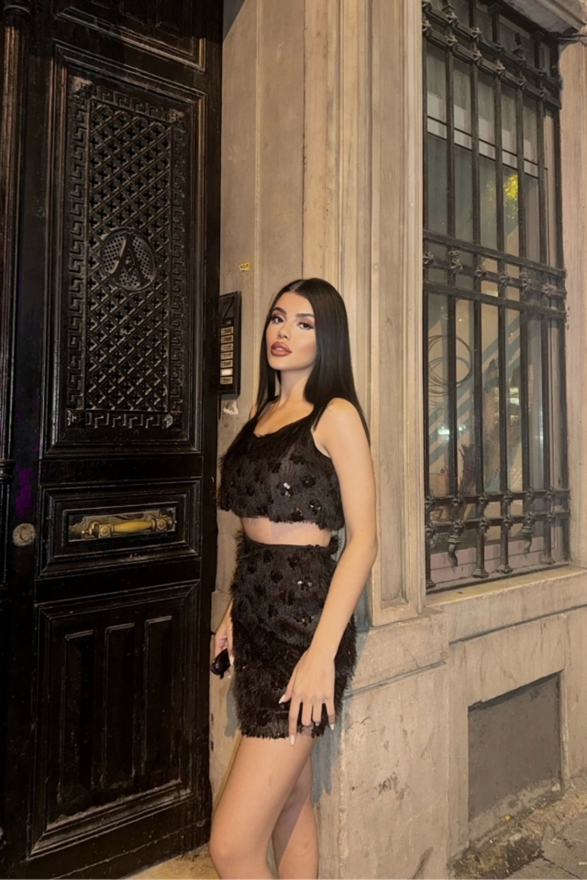 nedo7 PÜSKÜL PAYET CROP BLUZ-KISA ETEK TAKIM - Siyah