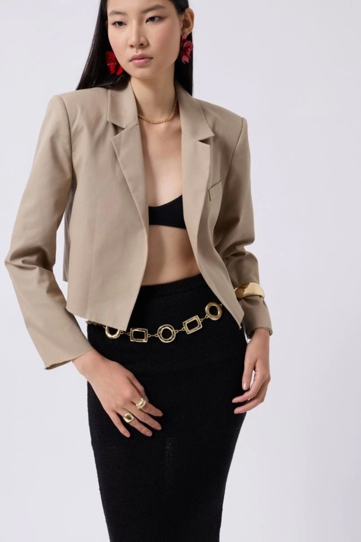 nedo7 Crop Keten Blazer Ceket