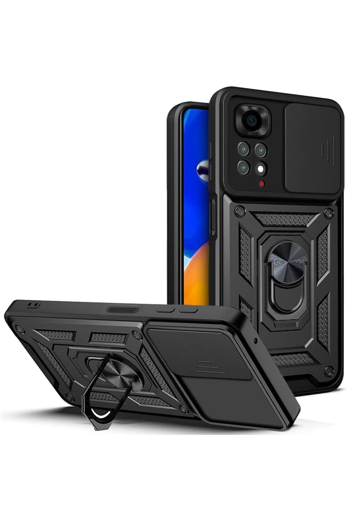 Rivor Xiaomi Redmi Note 11 & Note 11S Kılıf Kamera Sürgülü Standlı Yüzüklü Darbe Emici Koruyucu Tank Kapak