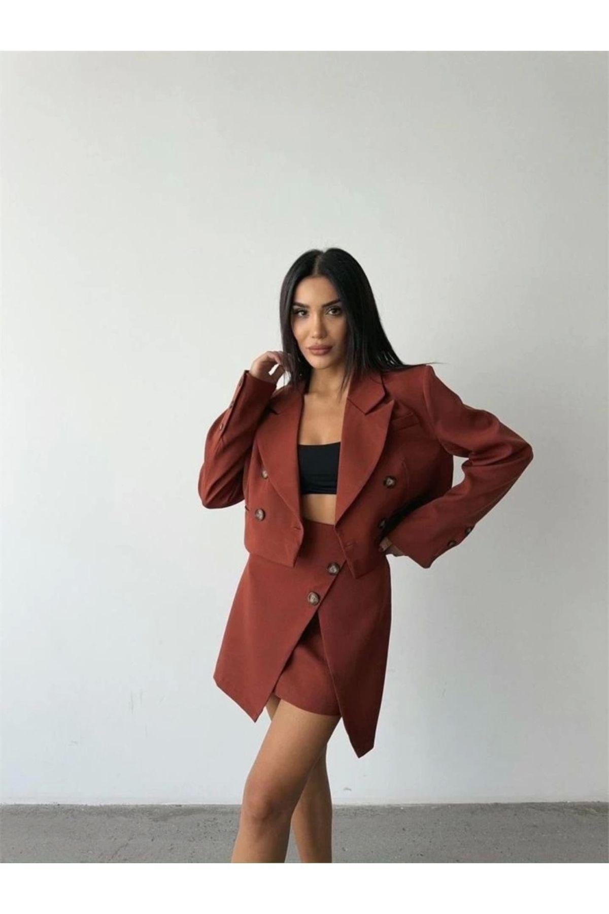 nedo7 DÜĞME DETAYLI ETEK - CROP CEKET TAKIM - Kiremit
