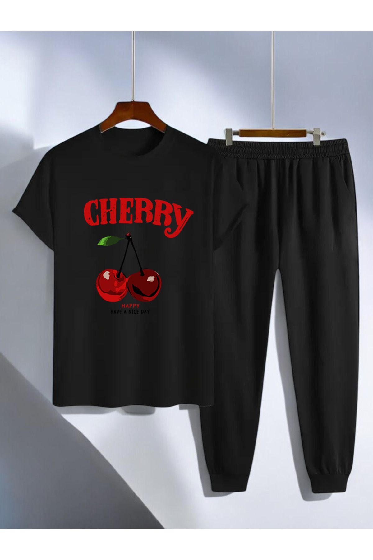 uyguntarz Unisex Happy Cherry Tasarım Basklı Tshirt Eşofman Takımı
