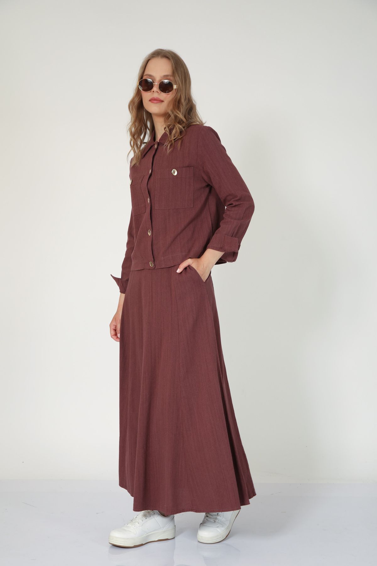 Suede Style 5757 - Şık Rahat Keten Gömlek-Etek Kadın Takım