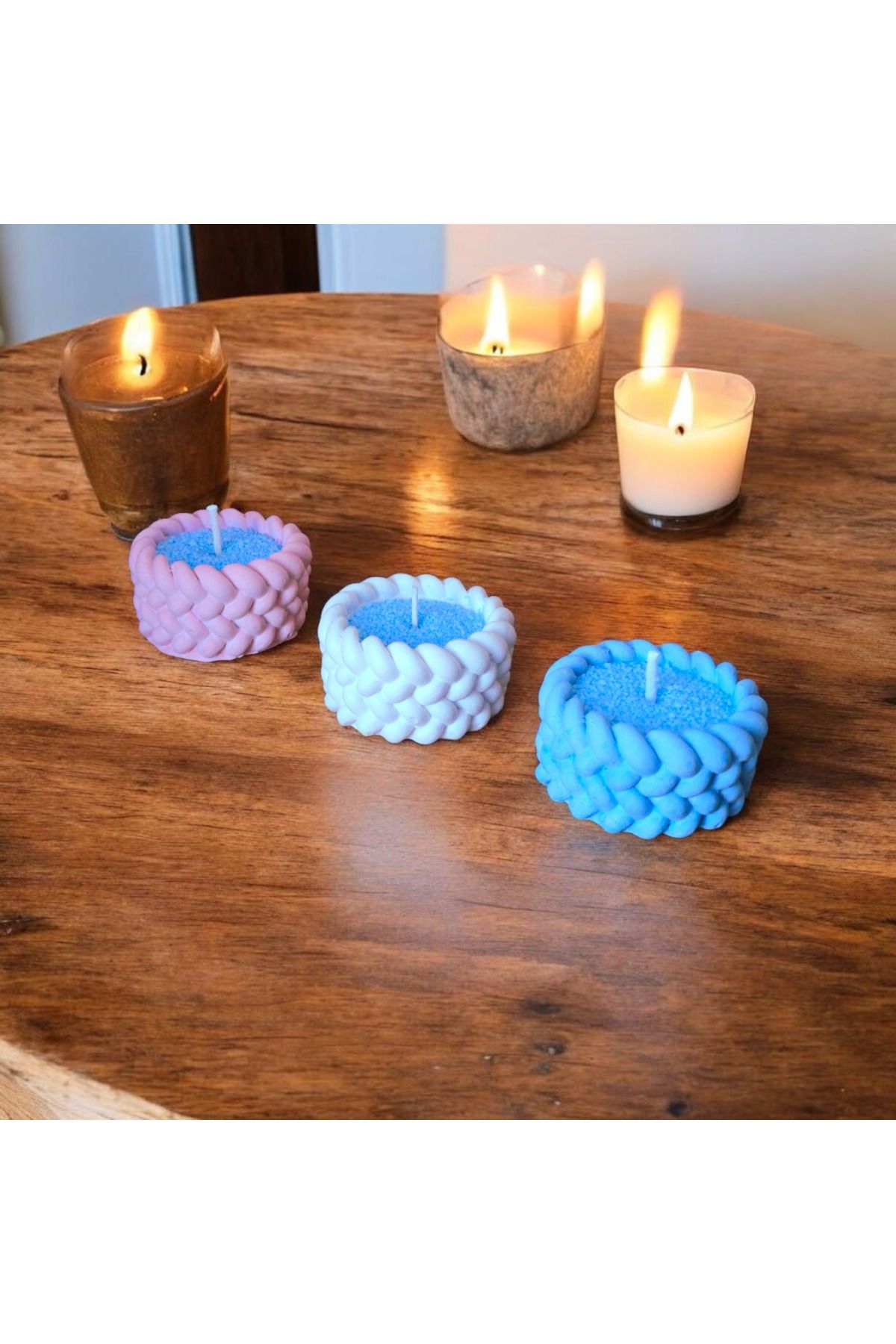 YILDIZ DECOR Örgü Desenli El Yapımı Tealight Mumluk Okyanus Esintili Inci Mum Rengarenk Mumluk Şamdan 3 Adet